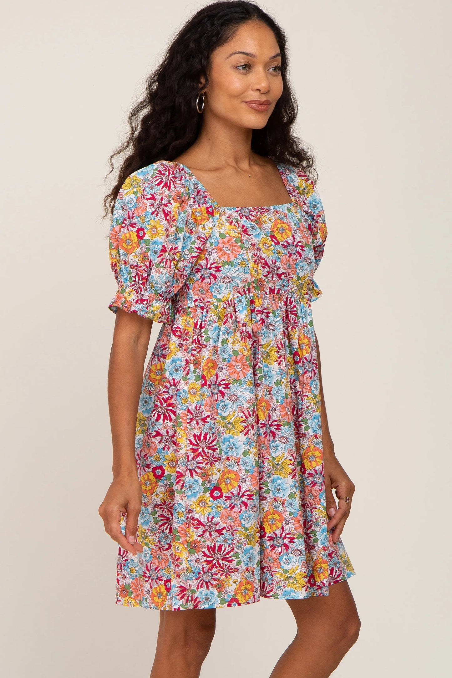 Mauve Floral Square Neck Short Puff Sleeve Dress with Ruffle Trim PinkBlush