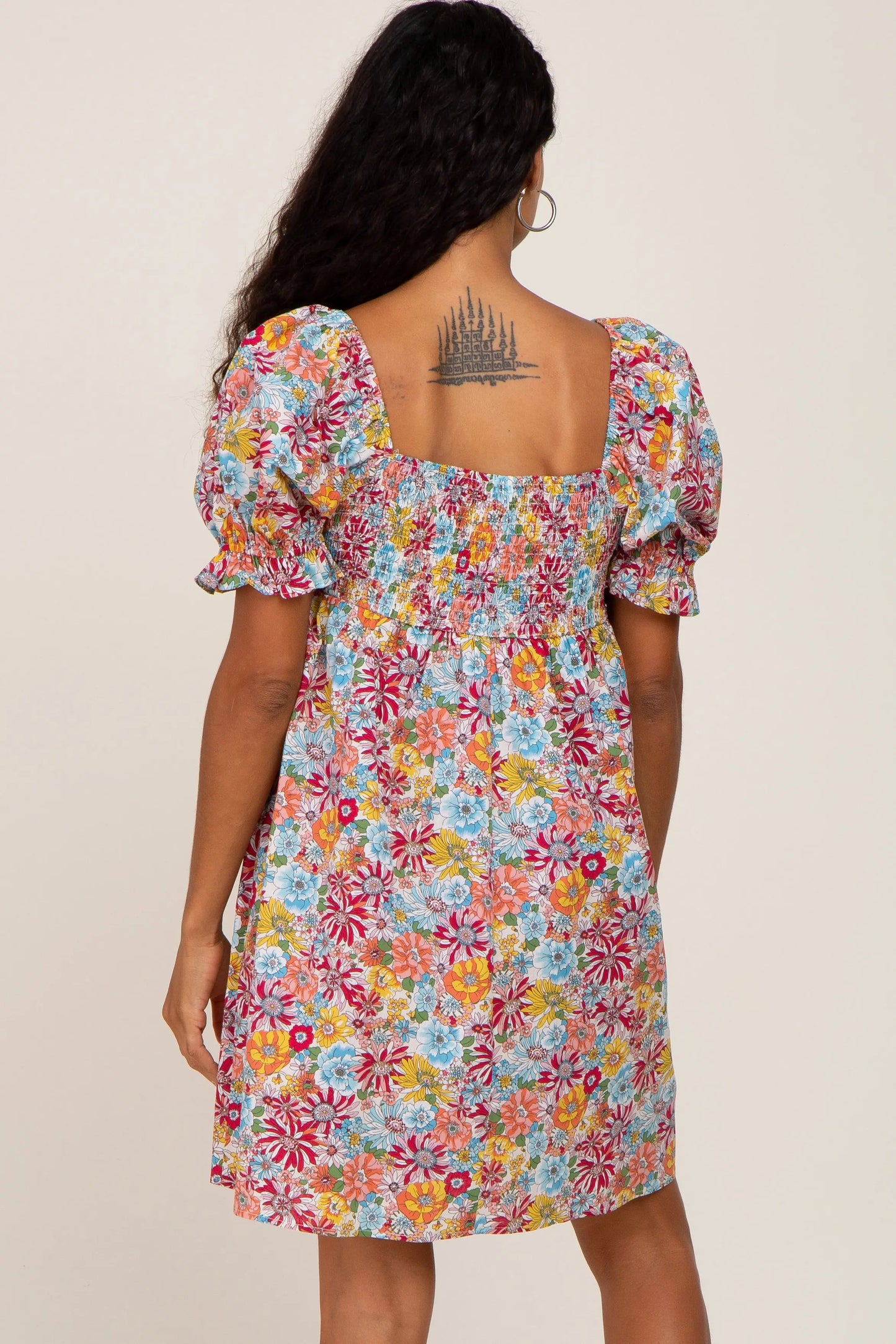 Mauve Floral Square Neck Short Puff Sleeve Dress with Ruffle Trim PinkBlush