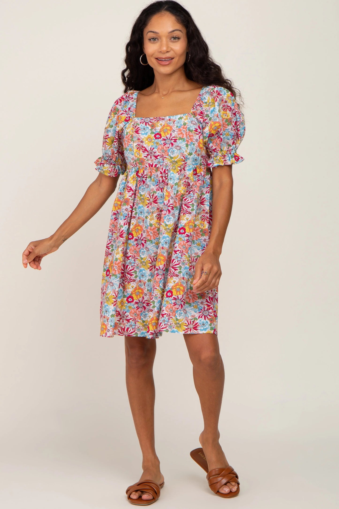 Mauve Floral Square Neck Short Puff Sleeve Dress with Ruffle Trim PinkBlush