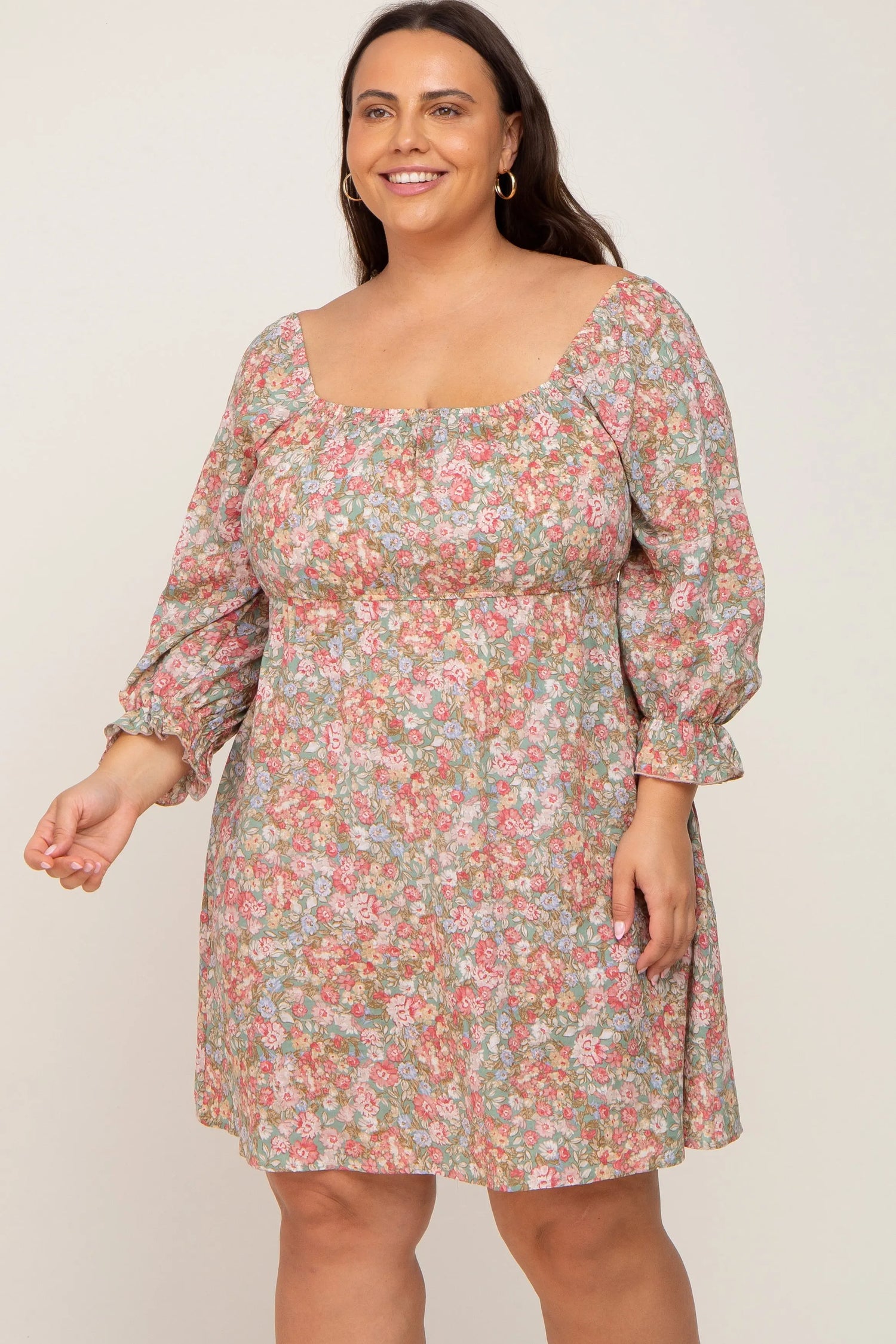 PinkBlush Light Olive Floral Plus Size Dress with Bubble Sleeves for Summer Style - Apparel & Accessories > Clothing > Dresses