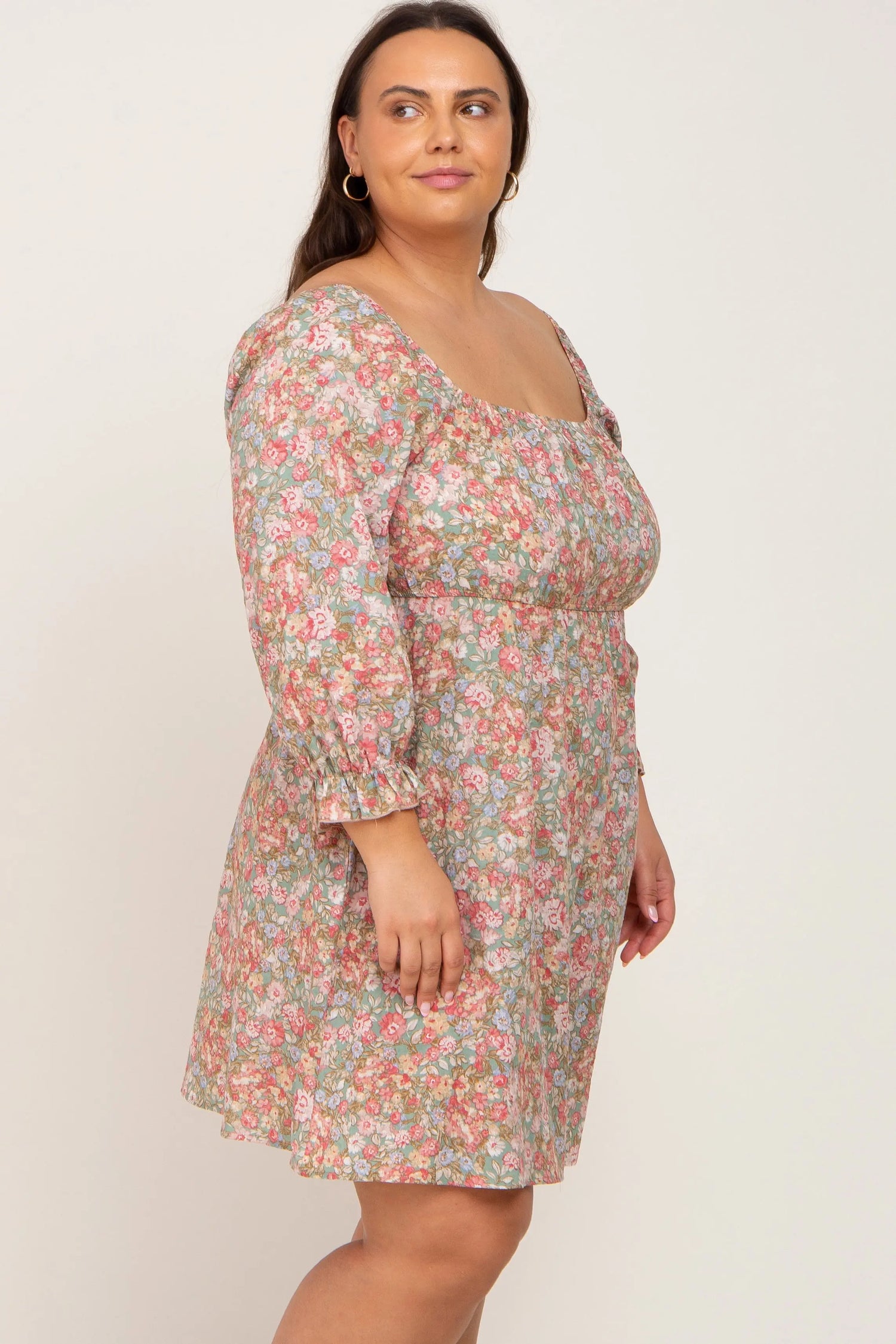 PinkBlush Light Olive Floral Plus Size Dress with Bubble Sleeves for Summer Style - Apparel & Accessories > Clothing > Dresses