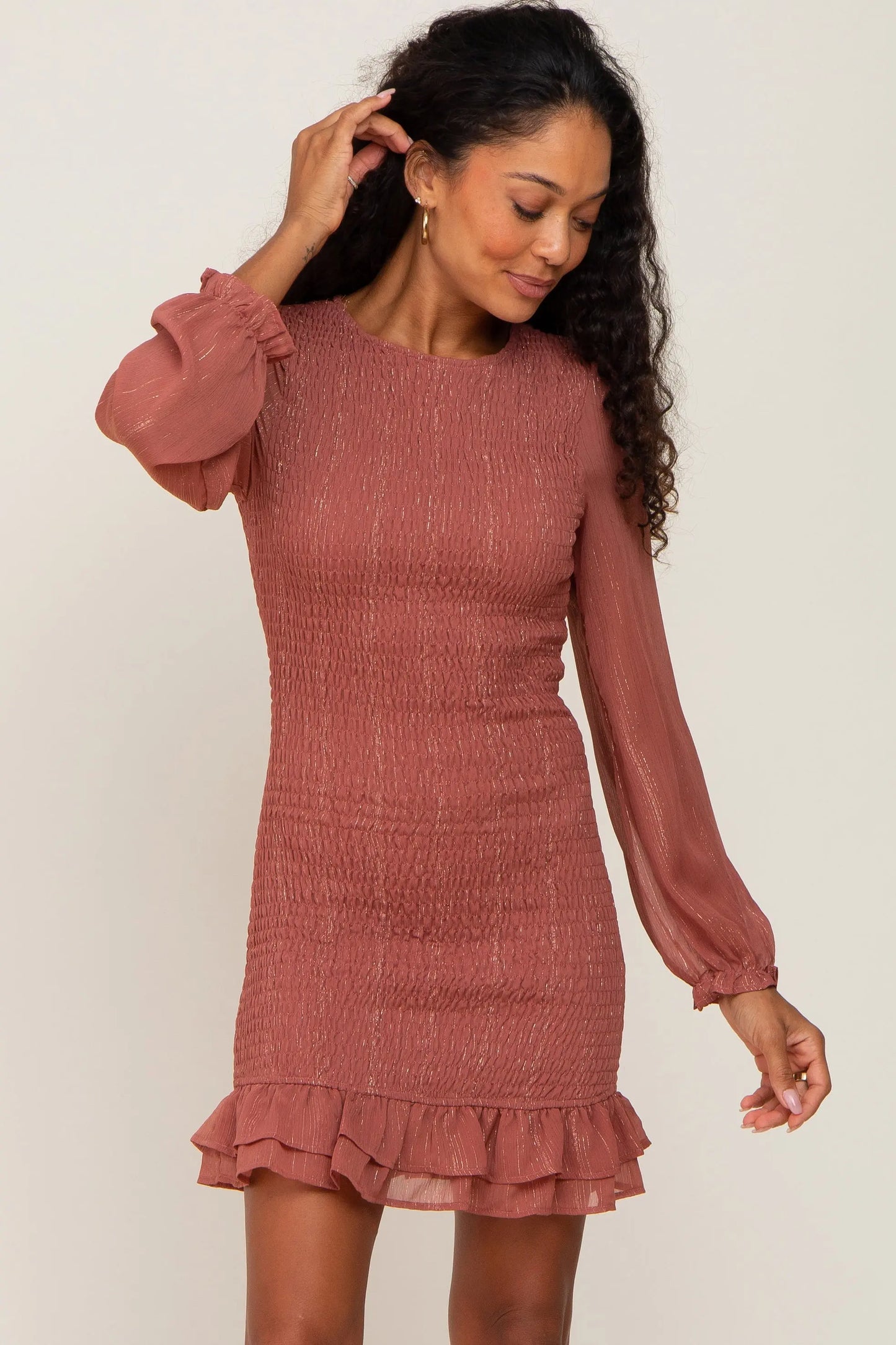 Mauve Metallic Shimmer Smocked Mini Dress with Sheer Sleeves and Back Tie Closure PinkBlush