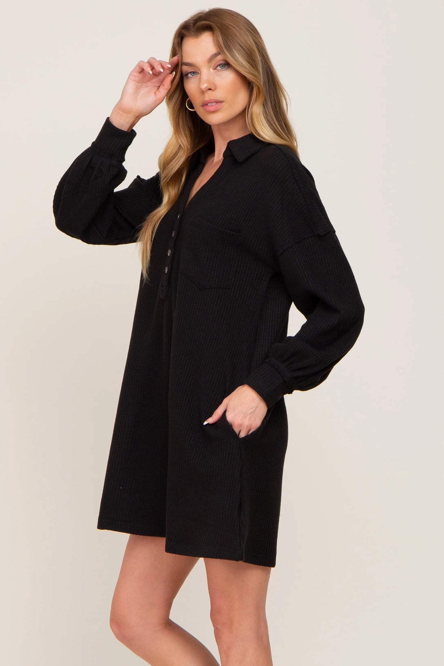 PinkBlush PinkBlush Black Waffle Knit Collared Dress with Pockets for Casual Wear - Apparel & Accessories > Clothing > Dresses