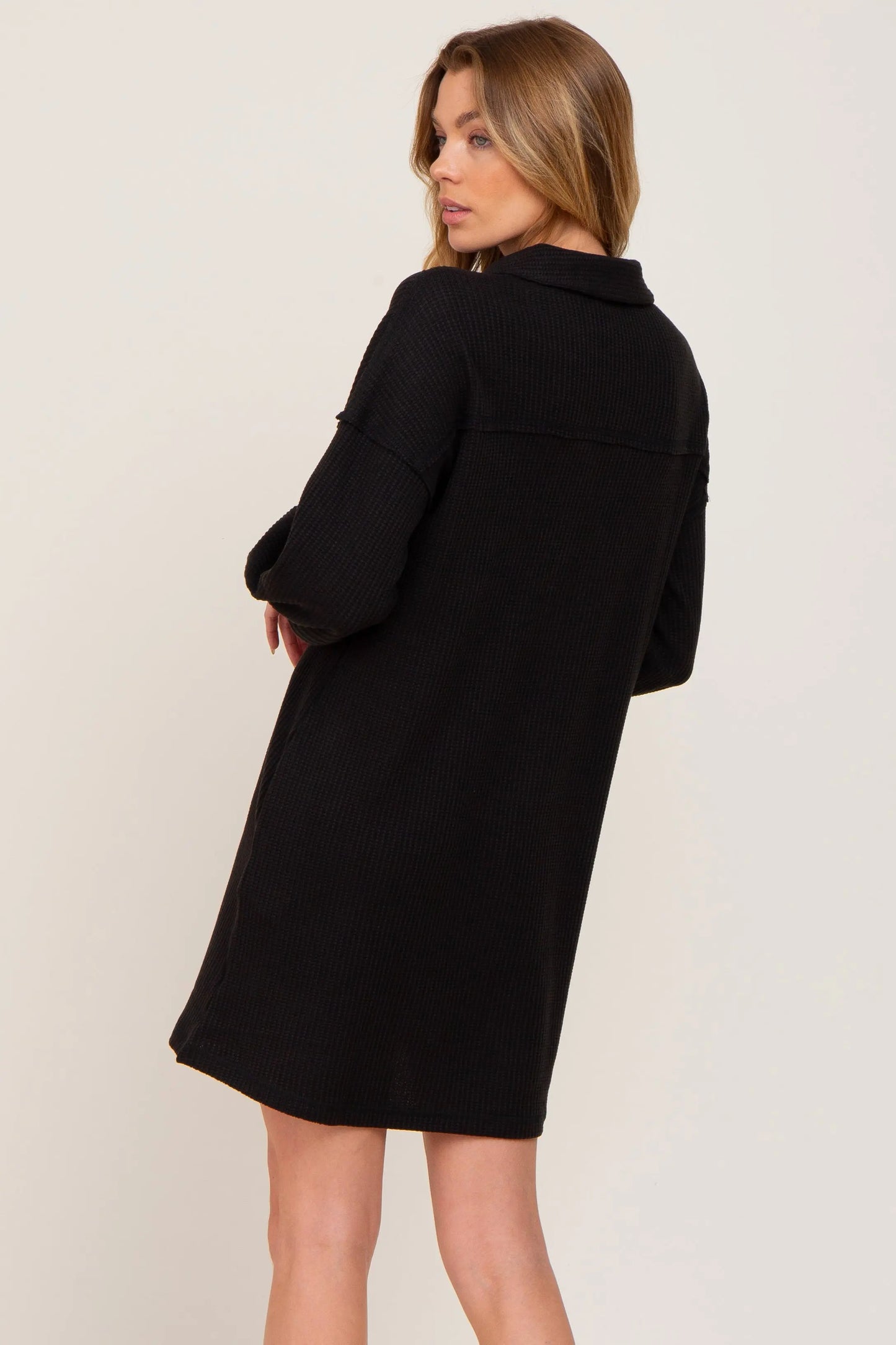PinkBlush PinkBlush Black Waffle Knit Collared Dress with Pockets for Casual Wear - Apparel & Accessories > Clothing > Dresses
