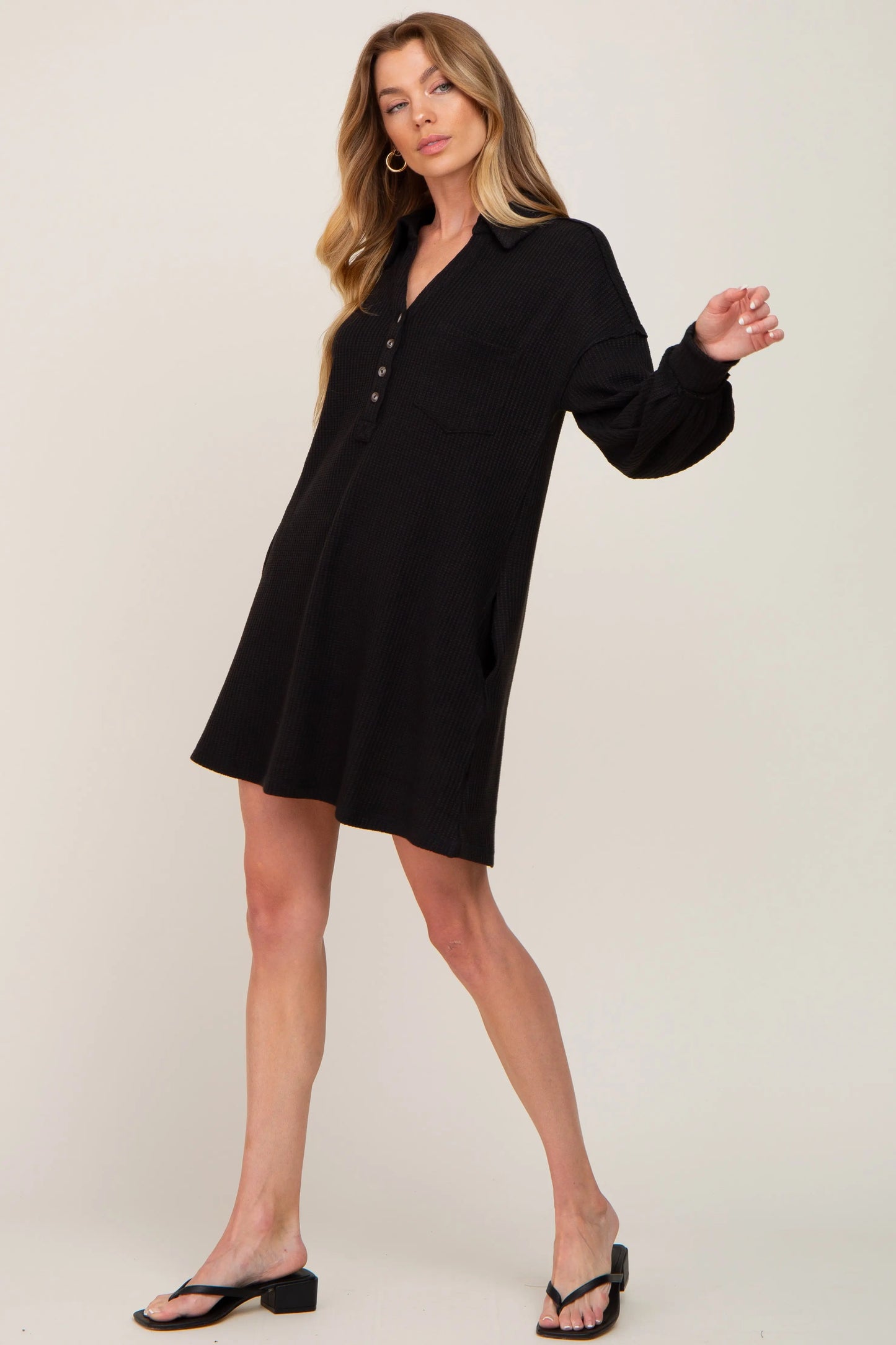 PinkBlush PinkBlush Black Waffle Knit Collared Dress with Pockets for Casual Wear - Apparel & Accessories > Clothing > Dresses