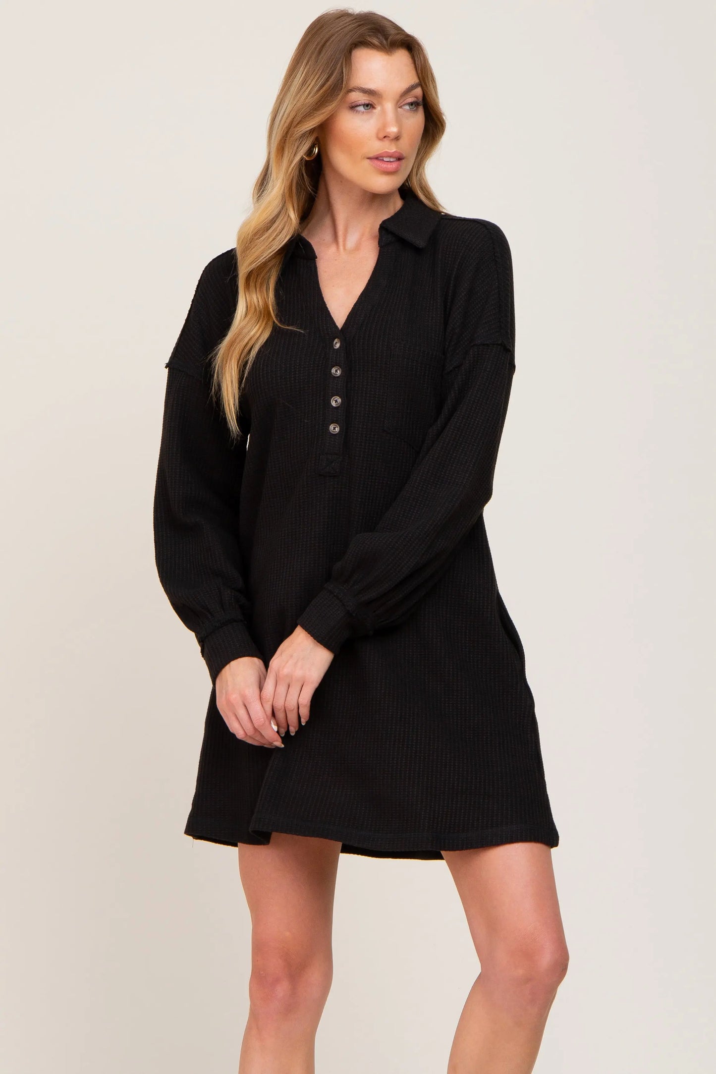 PinkBlush PinkBlush Black Waffle Knit Collared Dress with Pockets for Casual Wear - Apparel & Accessories > Clothing > Dresses