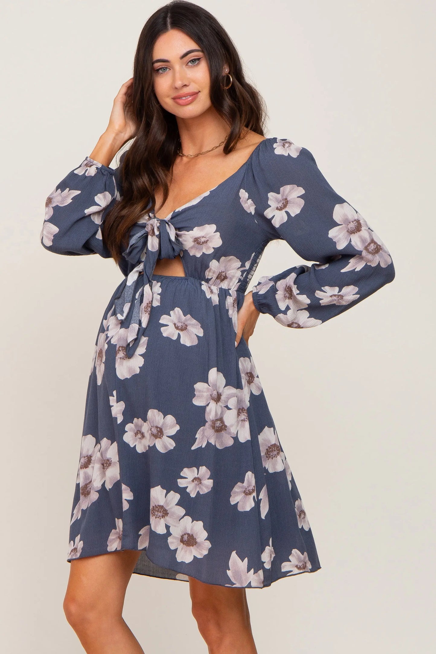 PinkBlush Elegant Blue Floral Maternity Dress with Long Sleeves for Expecting Moms - Apparel & Accessories > Clothing > Dresses