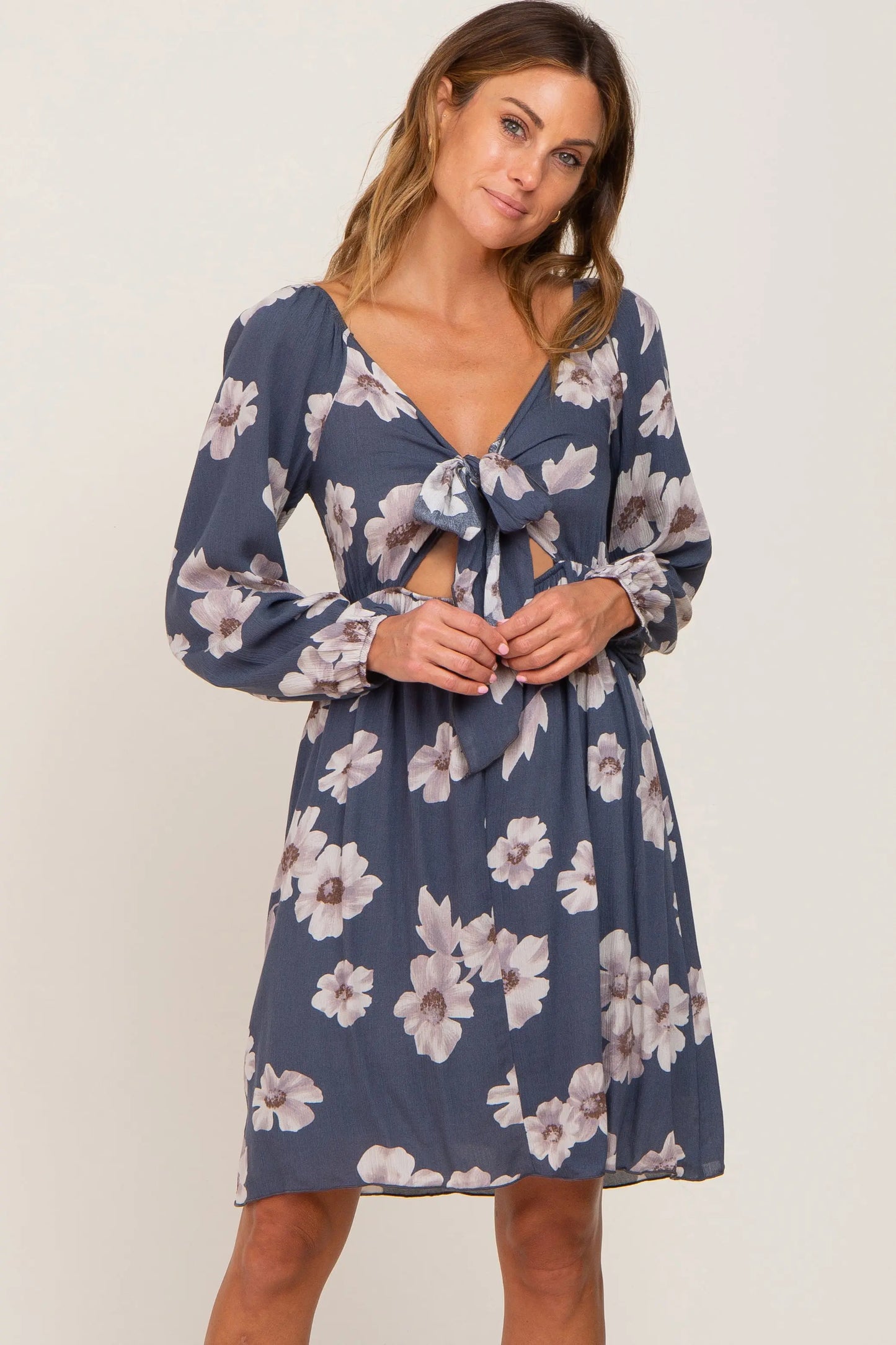 PinkBlush Elegant Blue Floral Maternity Dress with Long Sleeves for Expecting Moms - Apparel & Accessories > Clothing > Dresses