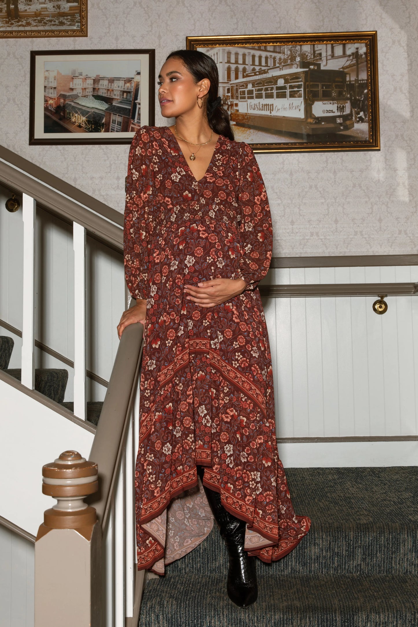 Brown Floral Hi Lo Train Maternity Maxi Dress With V Neckline And Smocked Waist PinkBlush