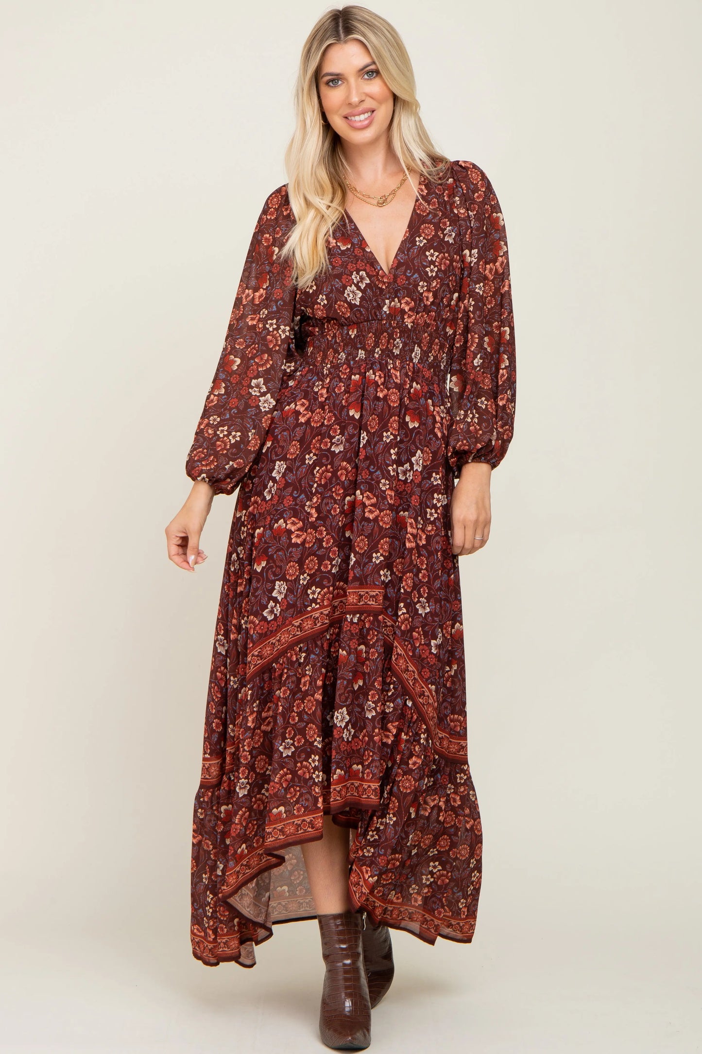 Brown Floral Hi Lo Train Maxi Dress With V Neckline And Smocked Waist PinkBlush