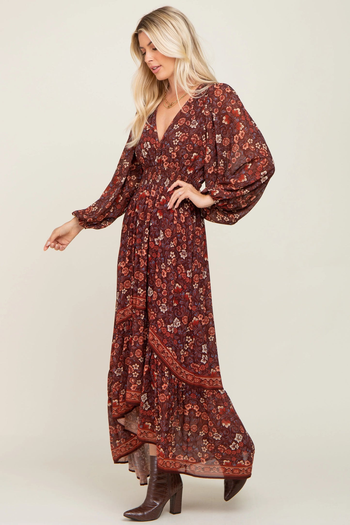 Brown Floral Hi Lo Train Maxi Dress With V Neckline And Smocked Waist PinkBlush