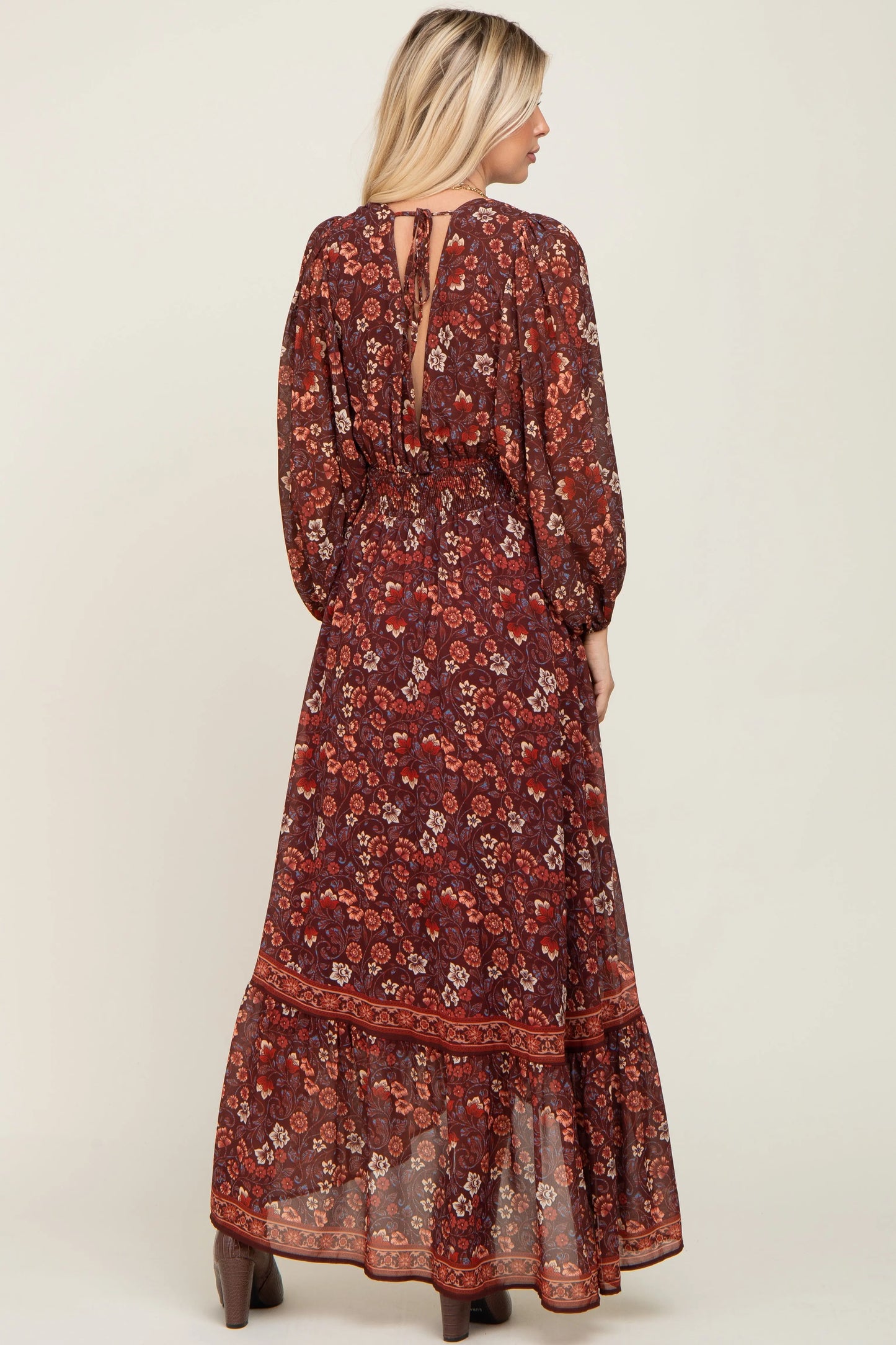 Brown Floral Hi Lo Train Maxi Dress With V Neckline And Smocked Waist PinkBlush