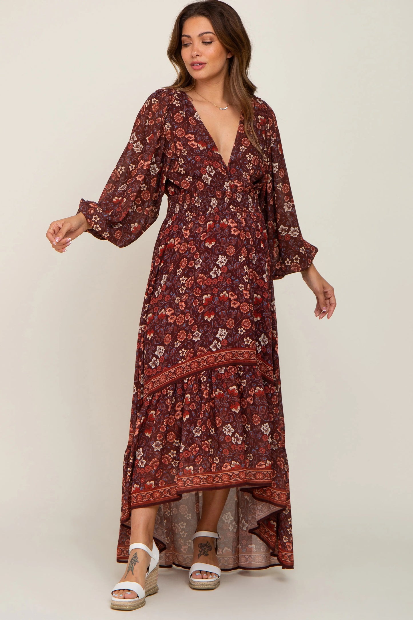 Brown Floral Hi Lo Train Maternity Maxi Dress With V Neckline And Smocked Waist PinkBlush