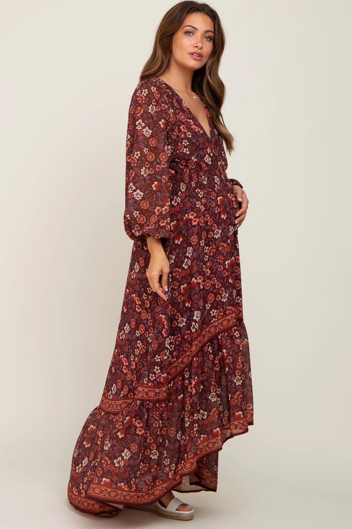 Brown Floral Hi Lo Train Maternity Maxi Dress With V Neckline And Smocked Waist PinkBlush