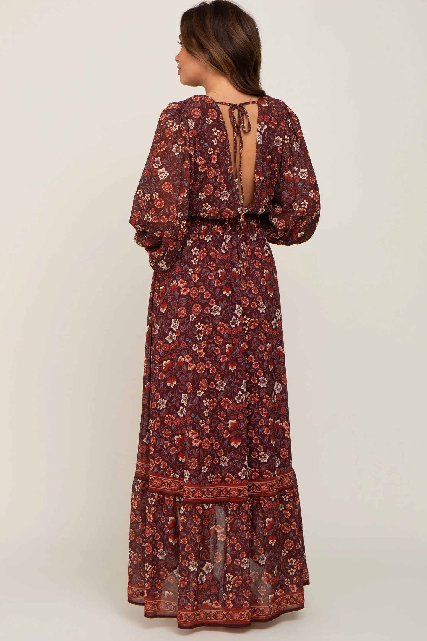 Brown Floral Hi Lo Train Maternity Maxi Dress With V Neckline And Smocked Waist PinkBlush