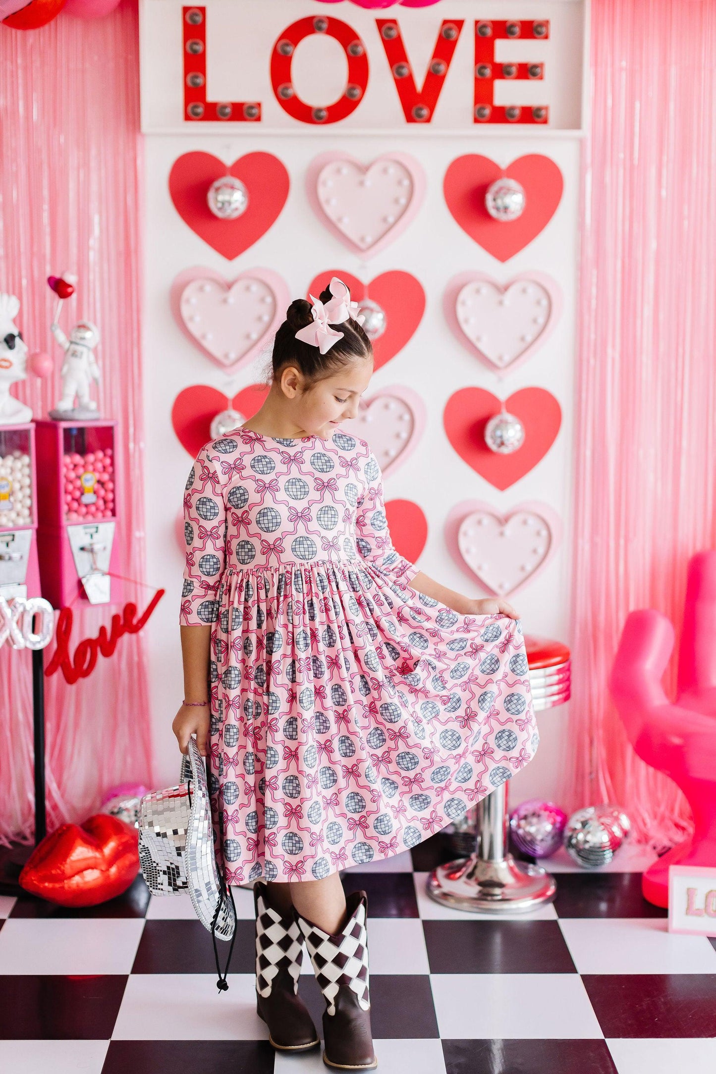 Mila & Rose ® Disco Bows 3 4 Sleeve Pocket Twirl Dress For Girls Kids - Apparel & Accessories > Clothing > Dresses Twirl Pocket Dress 3/4