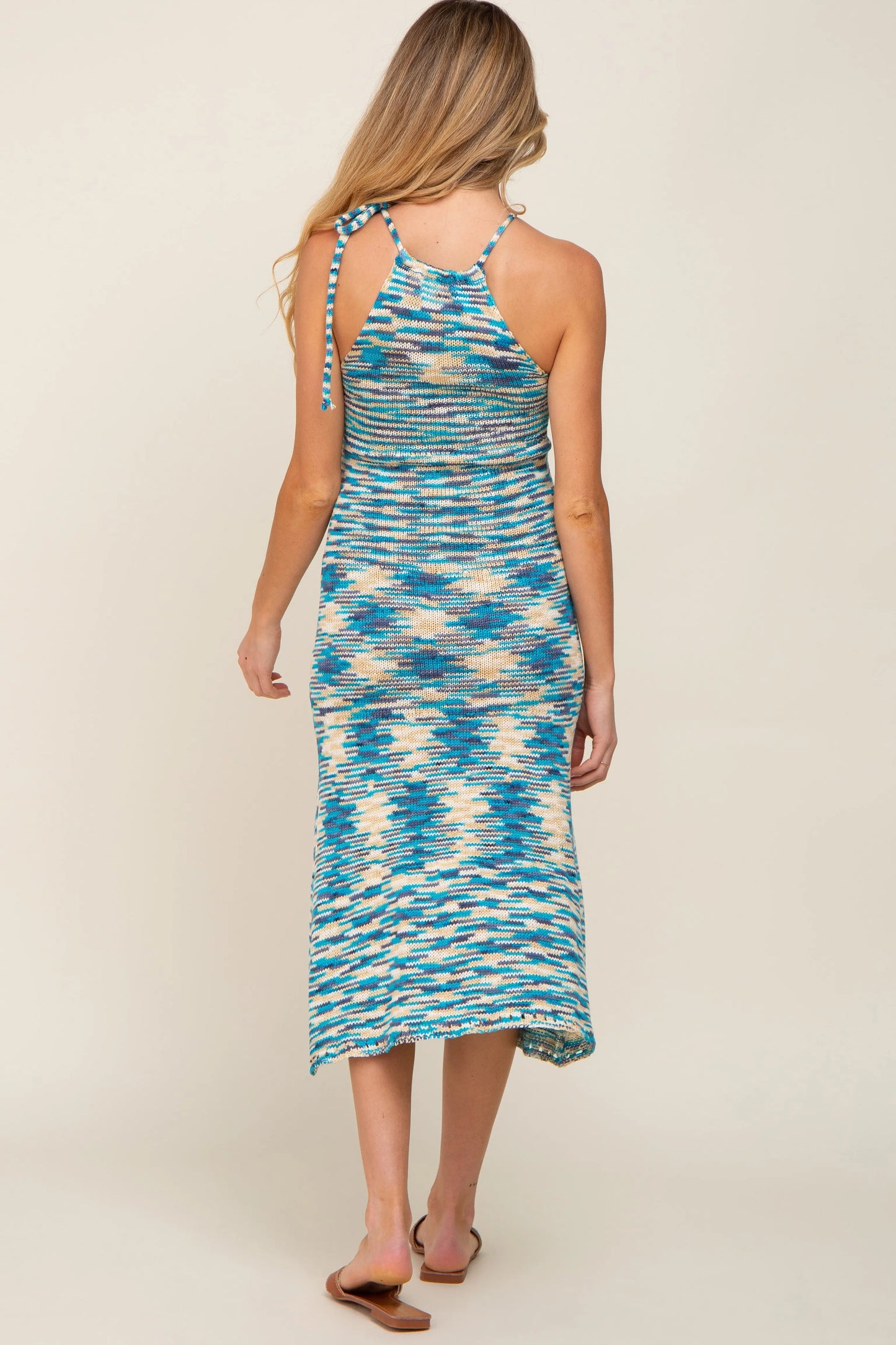 Blue Multicolor Open Knit Halter Maternity Midi Dress PinkBlush