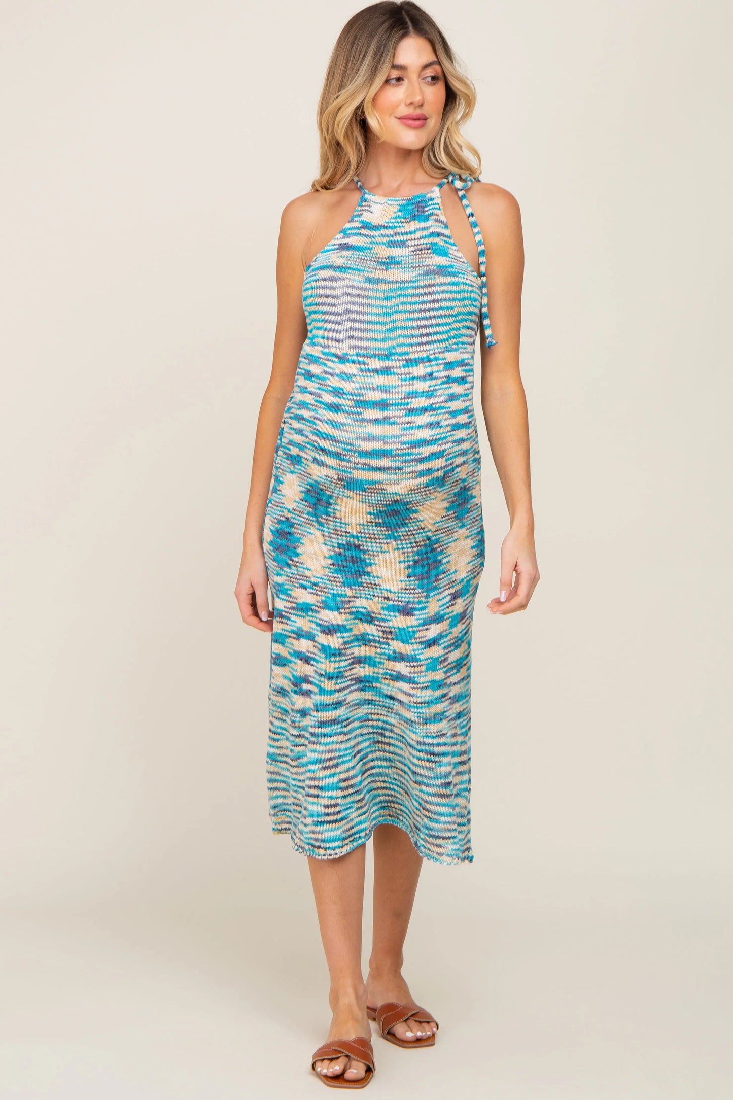 Blue Multicolor Open Knit Halter Maternity Midi Dress PinkBlush