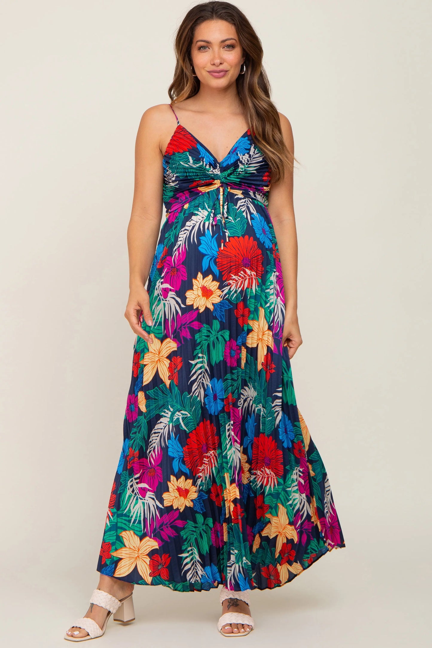 Black Tropical Floral Satin Pleated Maternity Maxi Dress PinkBlush
