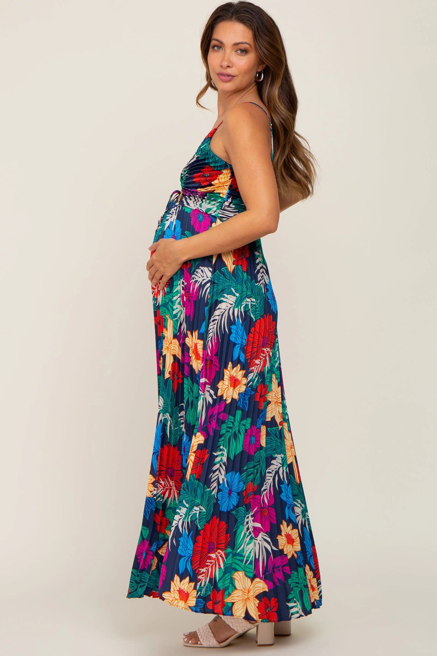 Black Tropical Floral Satin Pleated Maternity Maxi Dress PinkBlush