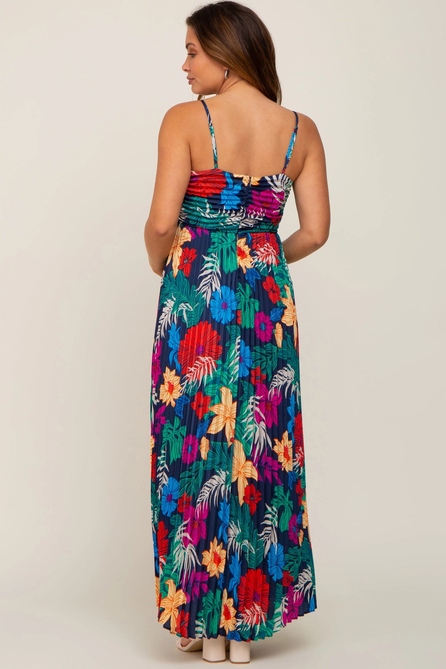 Black Tropical Floral Satin Pleated Maternity Maxi Dress PinkBlush