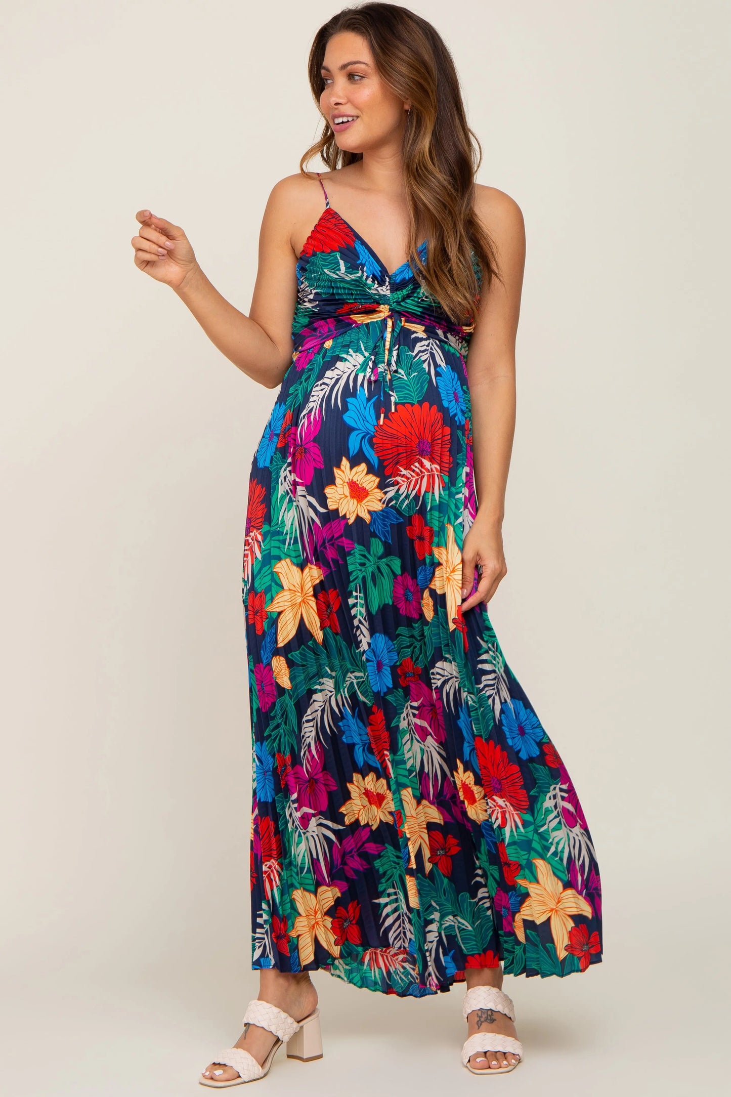 Black Tropical Floral Satin Pleated Maternity Maxi Dress PinkBlush