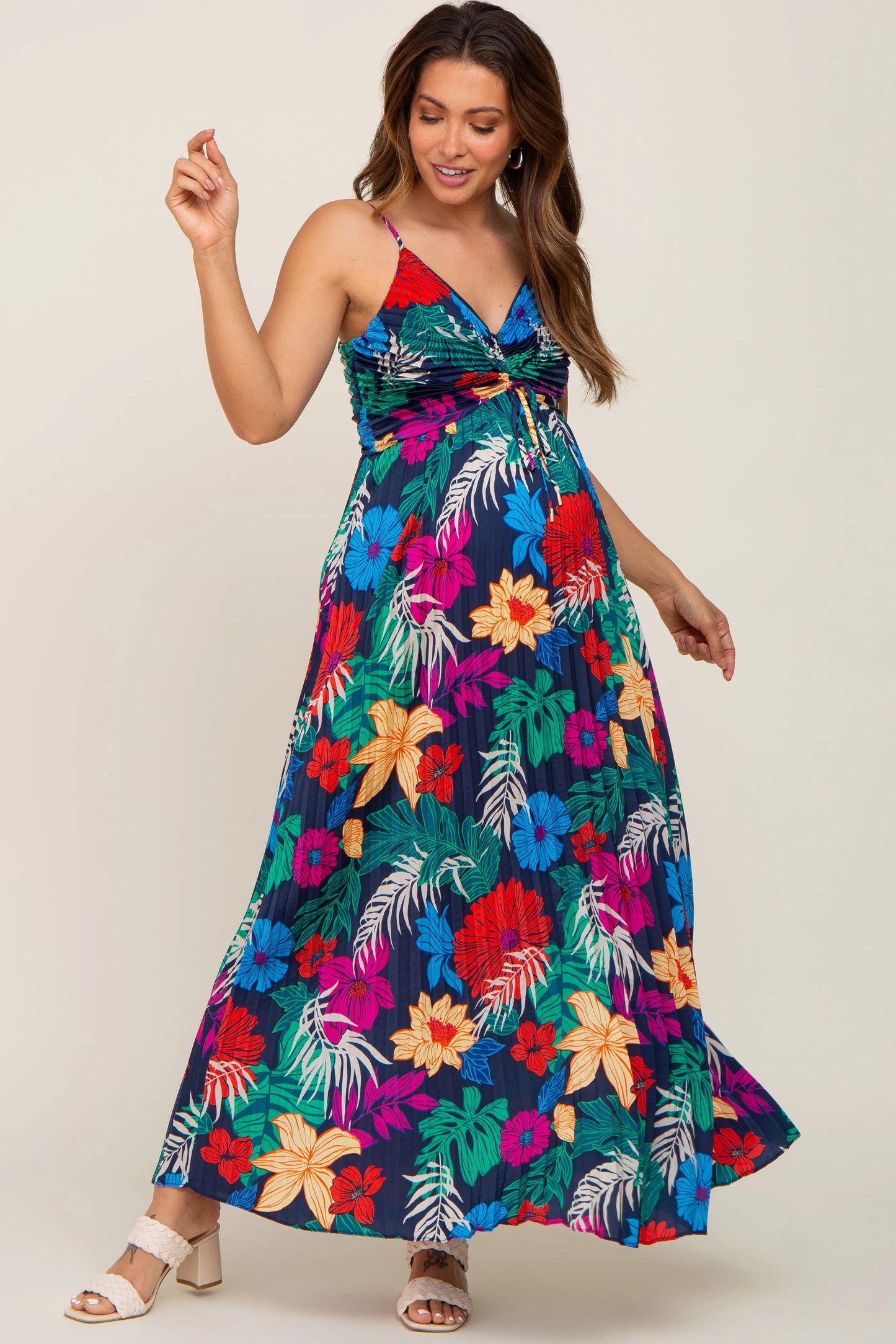 Black Tropical Floral Satin Pleated Maternity Maxi Dress PinkBlush