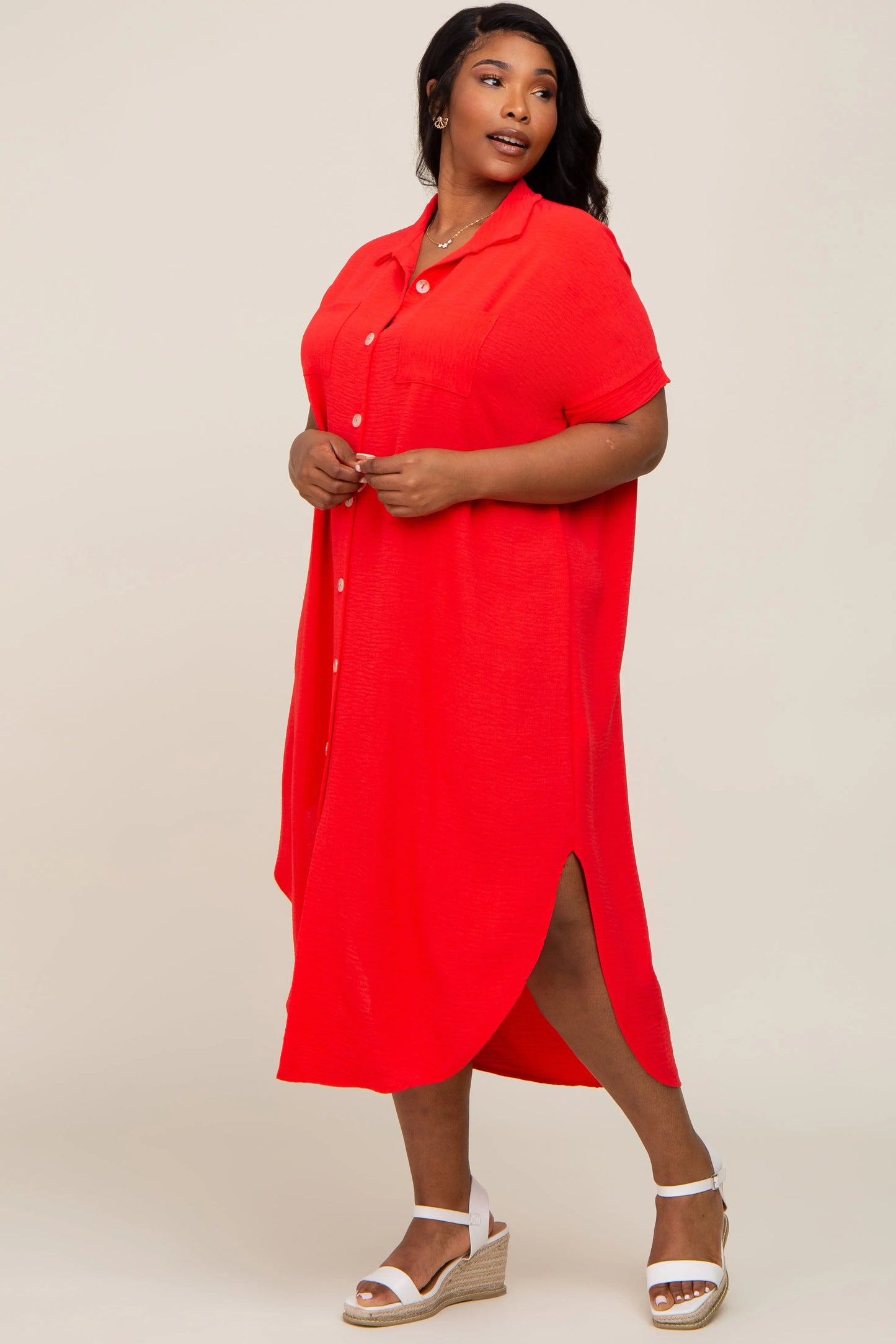 Red Button Down Hi Low Plus Maxi Dress With Pockets And Cuffed Sleeves PinkBlush