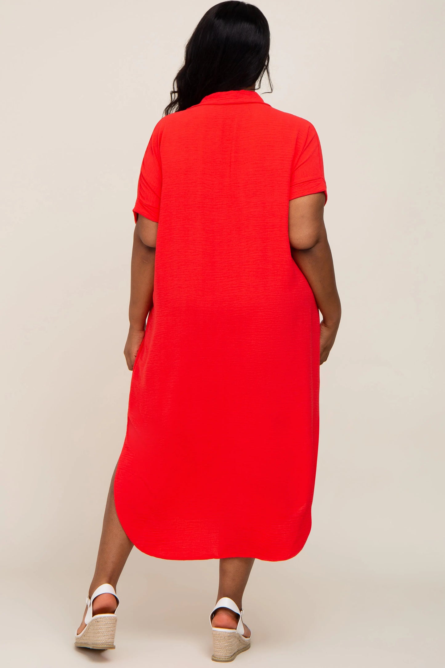Red Button Down Hi Low Plus Maxi Dress With Pockets And Cuffed Sleeves PinkBlush