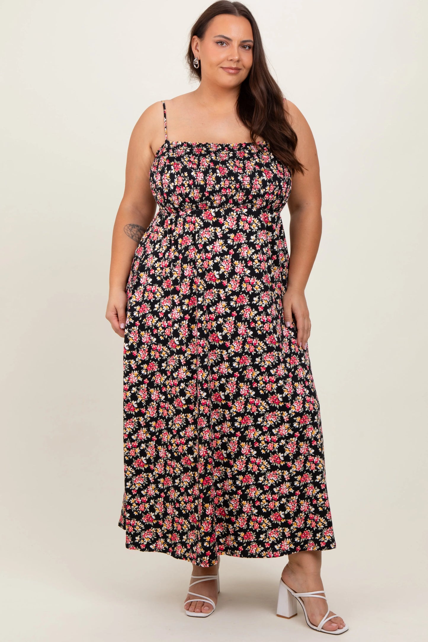 Black Square Neck Smocked Plus Midi Dress PinkBlush