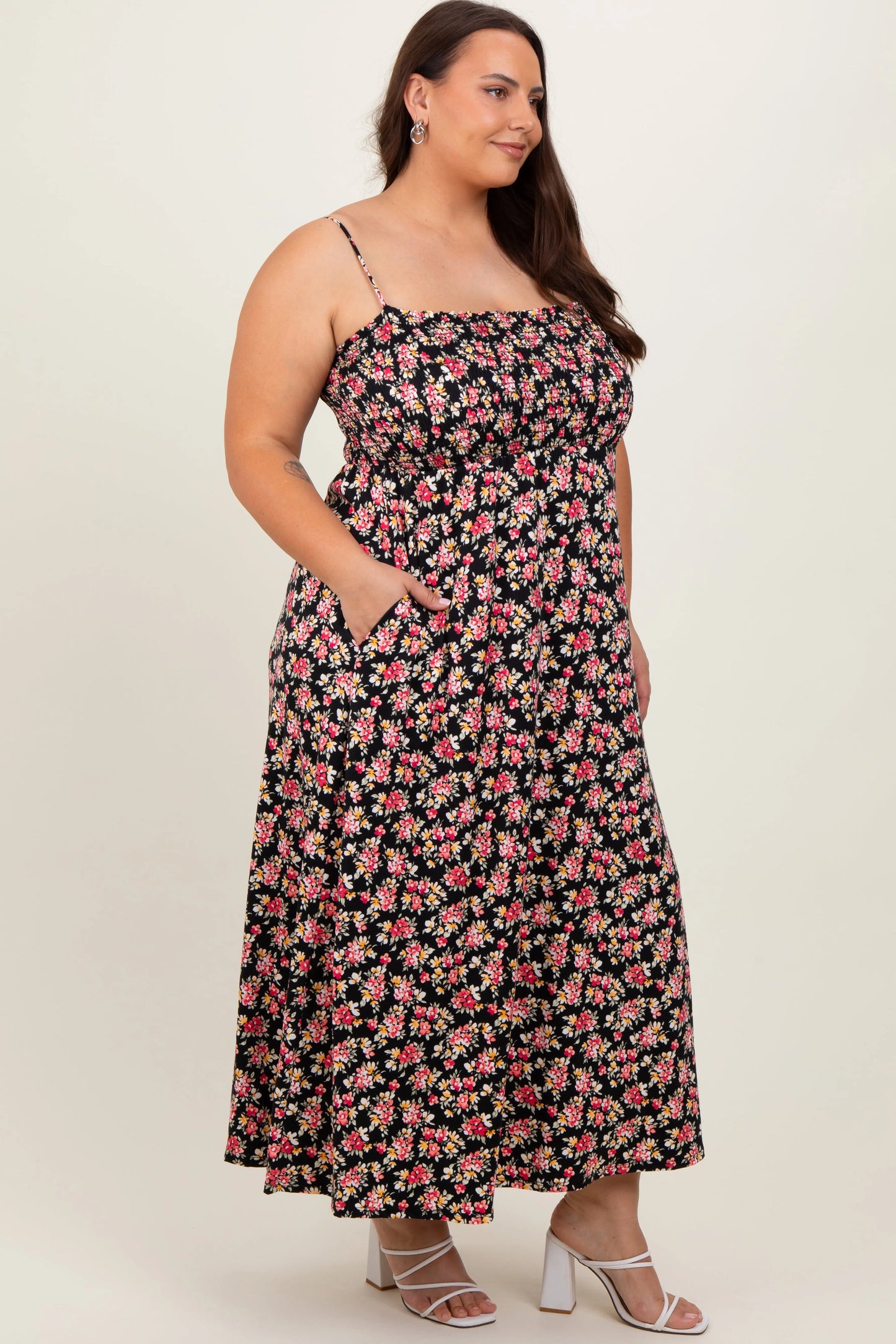 Black Square Neck Smocked Plus Midi Dress PinkBlush