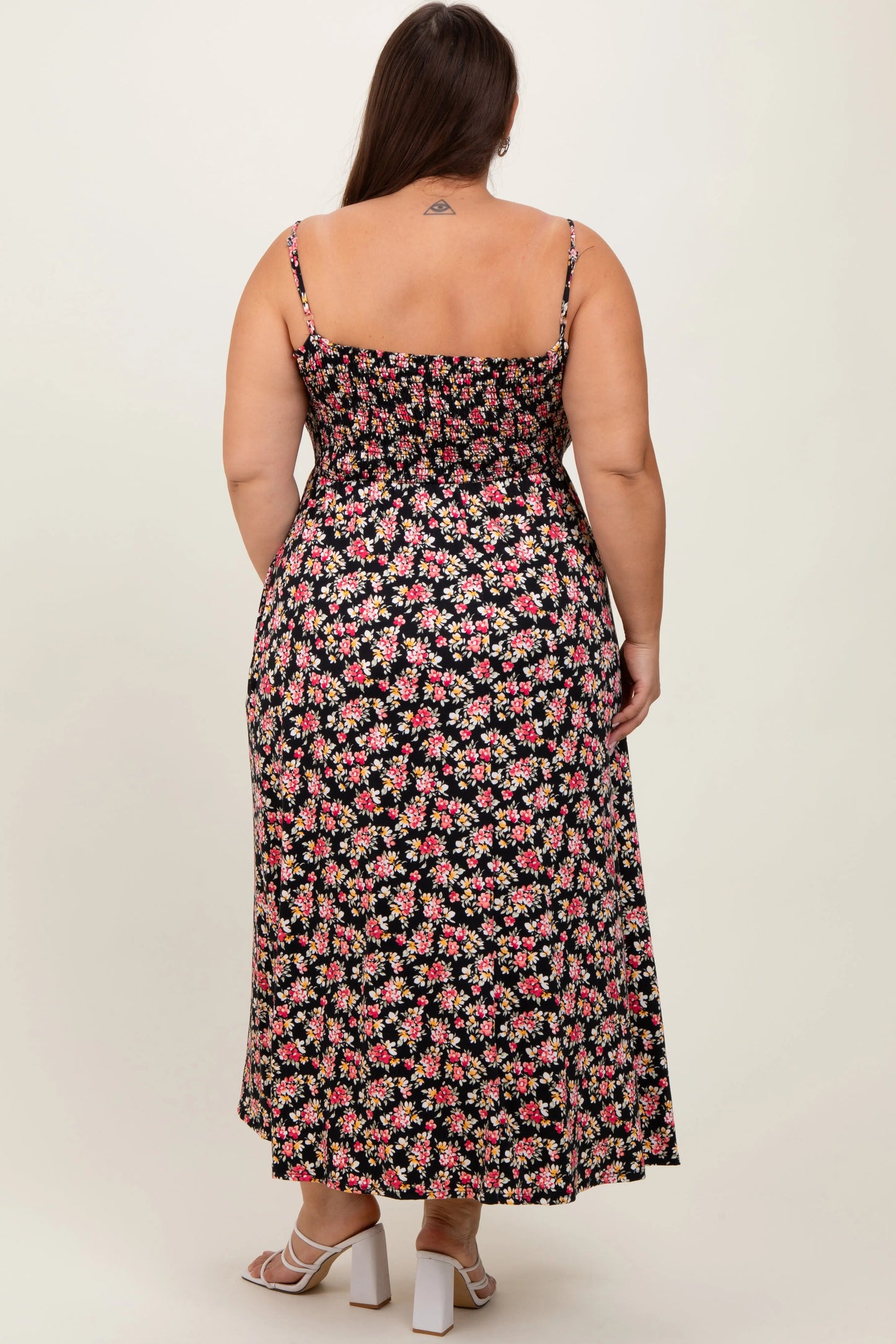 Black Square Neck Smocked Plus Midi Dress PinkBlush