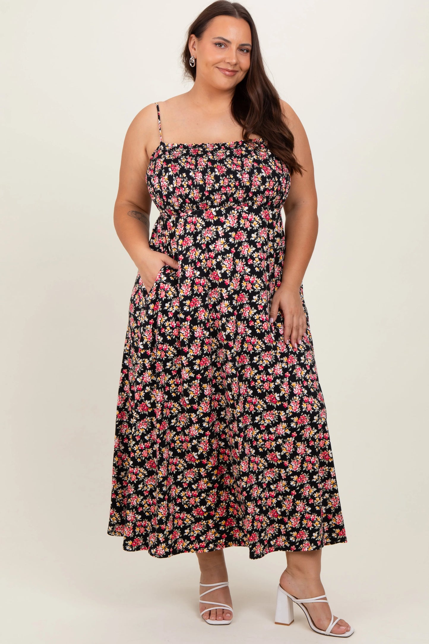 Black Square Neck Smocked Plus Midi Dress PinkBlush