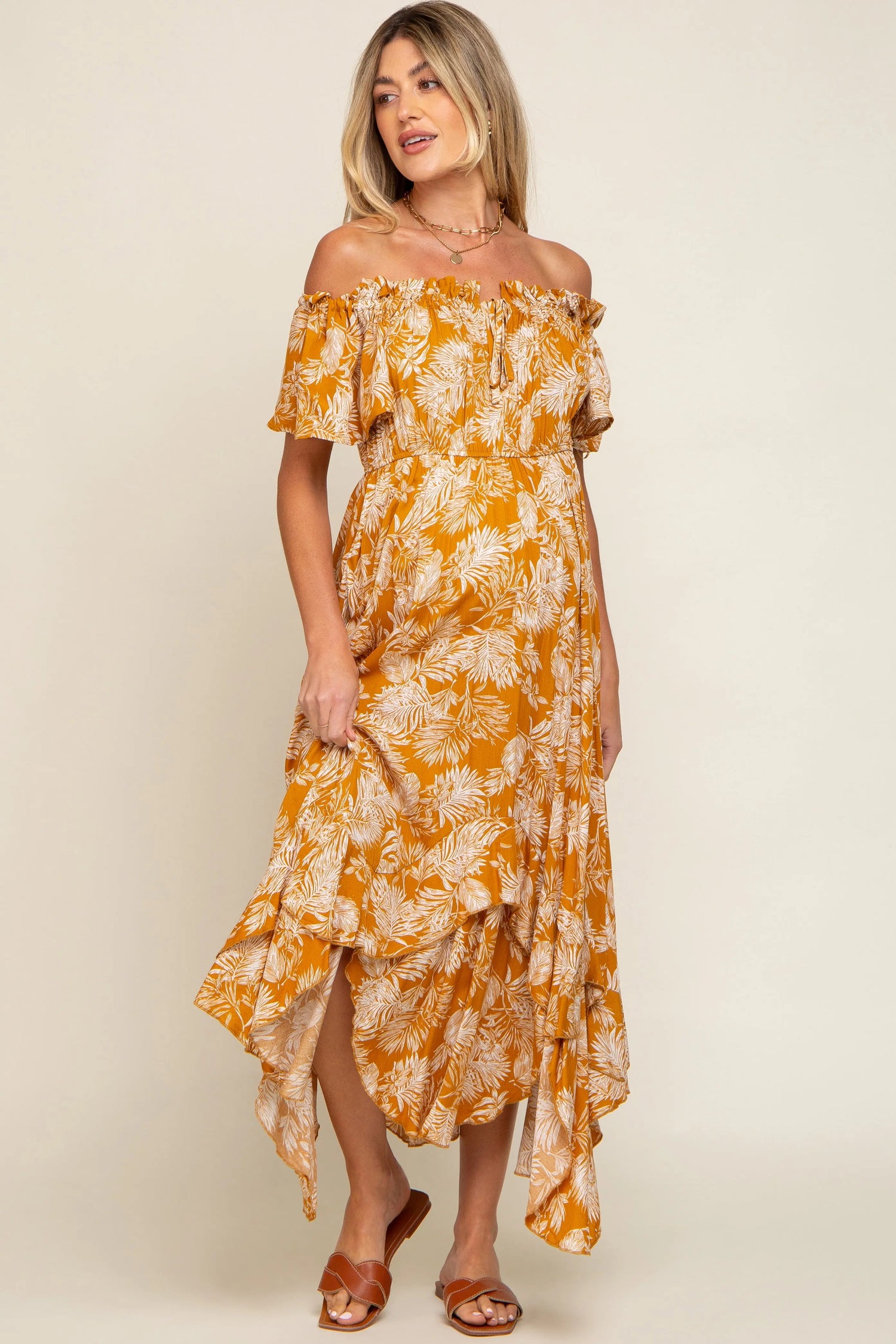 PinkBlush Elegant Maternity Midi Dress with Leaf Print for Expecting Mothers - Apparel & Accessories > Clothing > Dresses