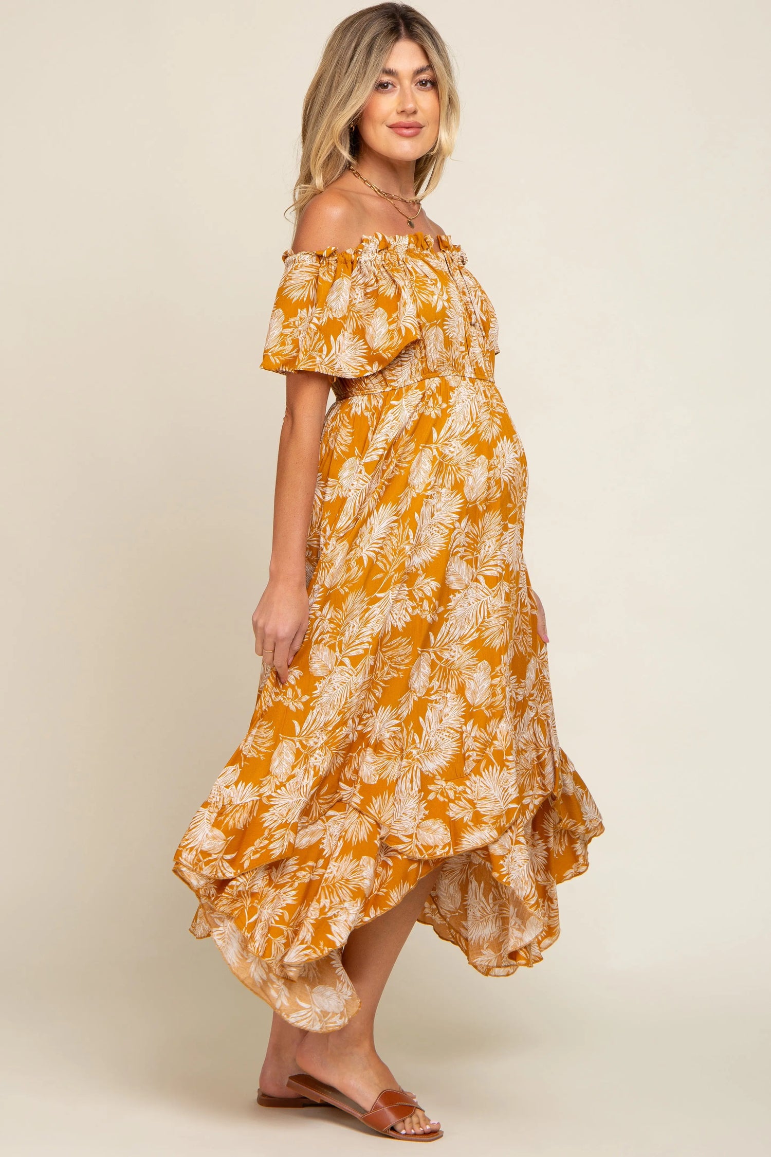PinkBlush Elegant Maternity Midi Dress with Leaf Print for Expecting Mothers - Apparel & Accessories > Clothing > Dresses