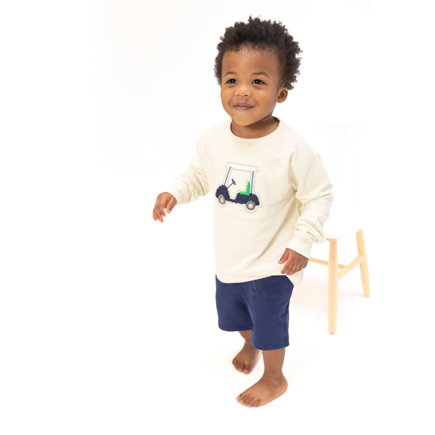 French Terry Raglan Sweatshirt with Golf Cart Applique and Matching Shorts in Golf Cart Blue Angel Dear