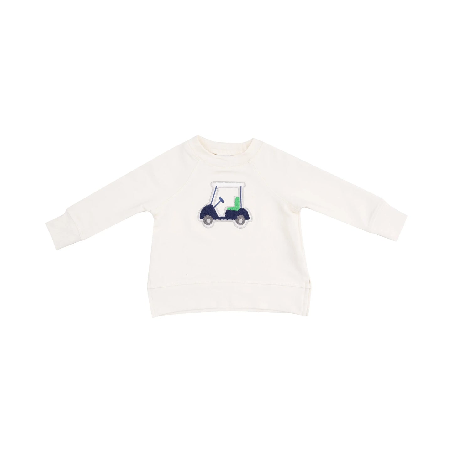 French Terry Raglan Sweatshirt with Golf Cart Applique and Matching Shorts in Golf Cart Blue Angel Dear