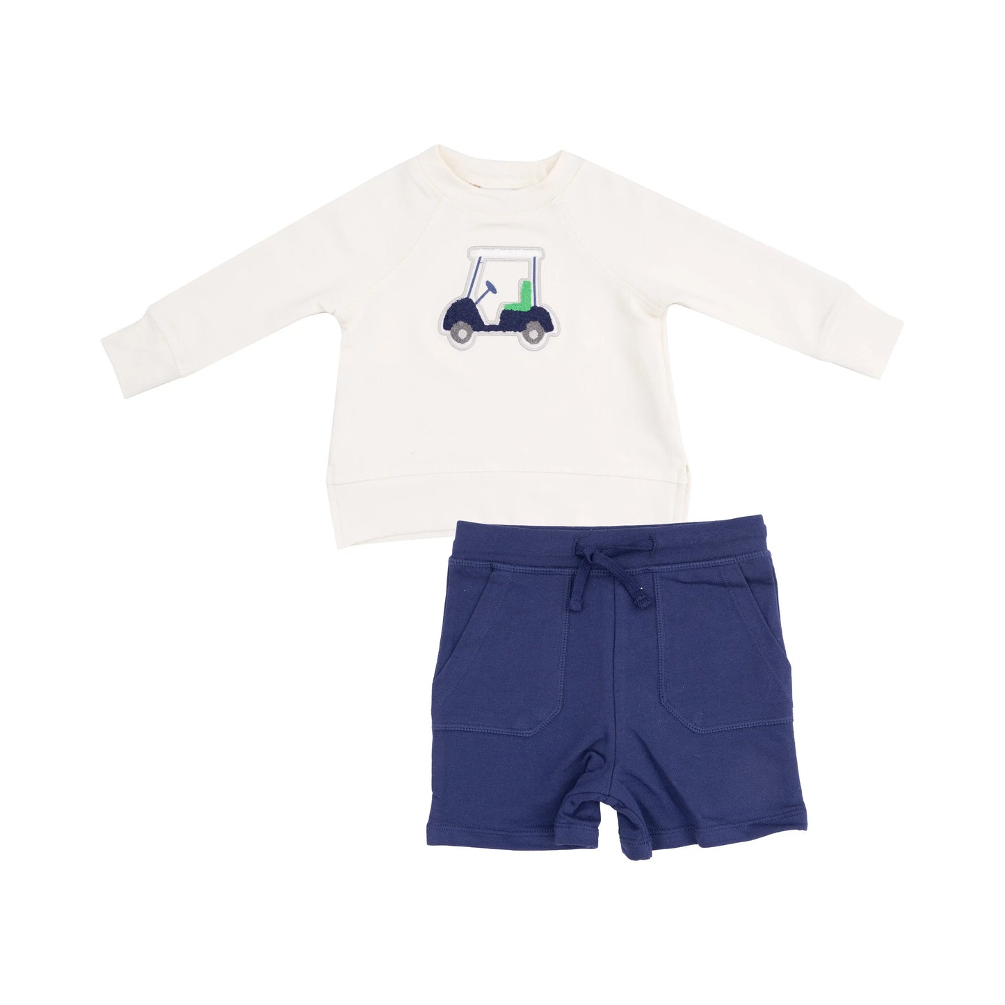 French Terry Raglan Sweatshirt with Golf Cart Applique and Matching Shorts in Golf Cart Blue Angel Dear
