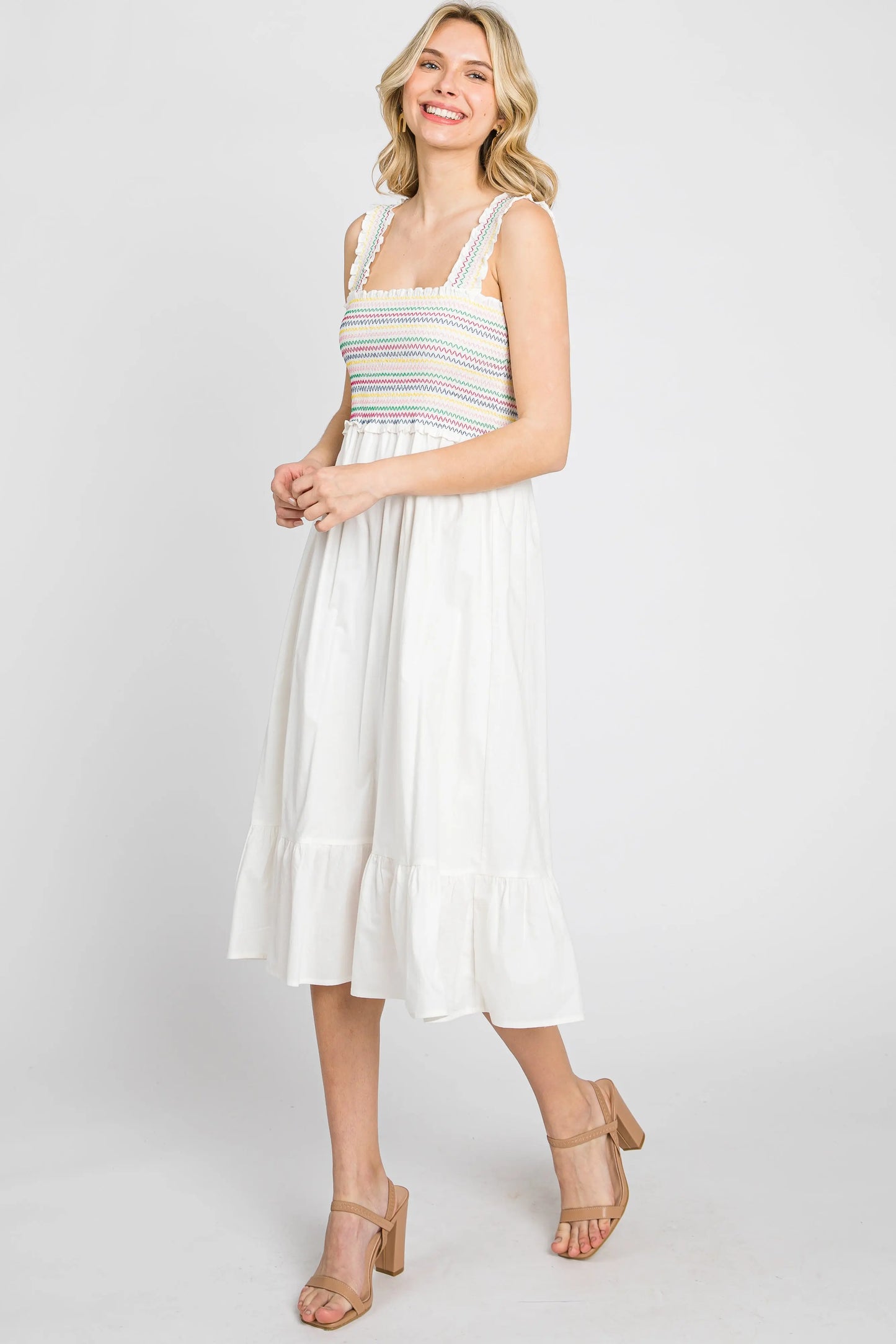 PinkBlush Elegant White Midi Dress with Colorful Embroidery for Summer Gatherings - Apparel & Accessories > Clothing > Dresses