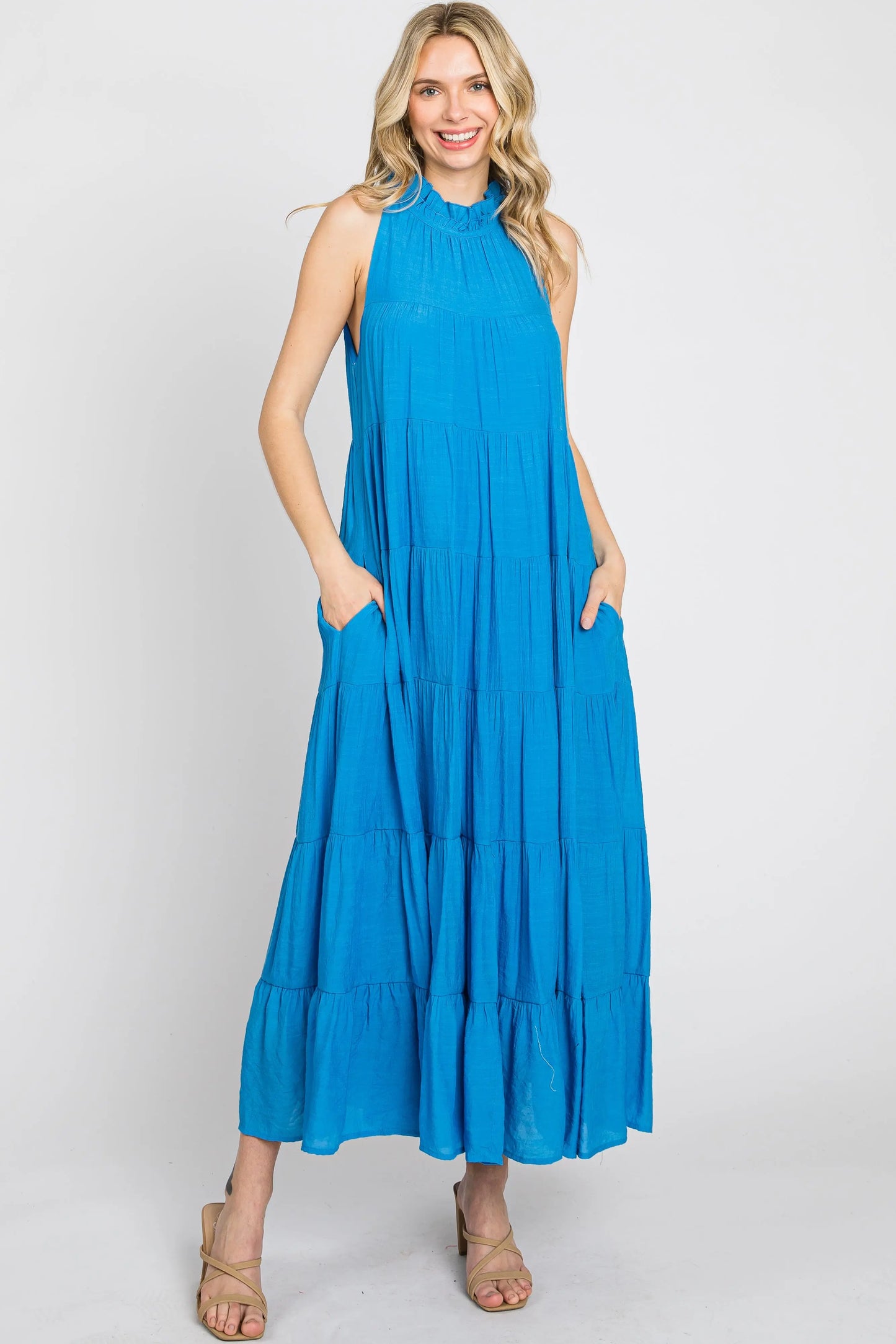 PinkBlush PinkBlush Blue Tiered High Neck Maxi Dress with Ruffled Detail for Women - Apparel & Accessories > Clothing > Dresses