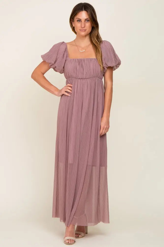 PinkBlush Mauve Pleated Maxi Dress with Puff Sleeves for Elegant Women - Apparel & Accessories > Clothing > Dresses