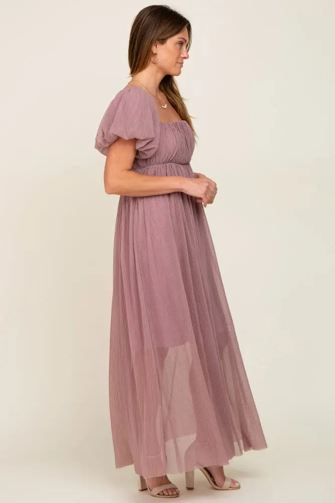 PinkBlush Mauve Pleated Maxi Dress with Puff Sleeves for Elegant Women - Apparel & Accessories > Clothing > Dresses