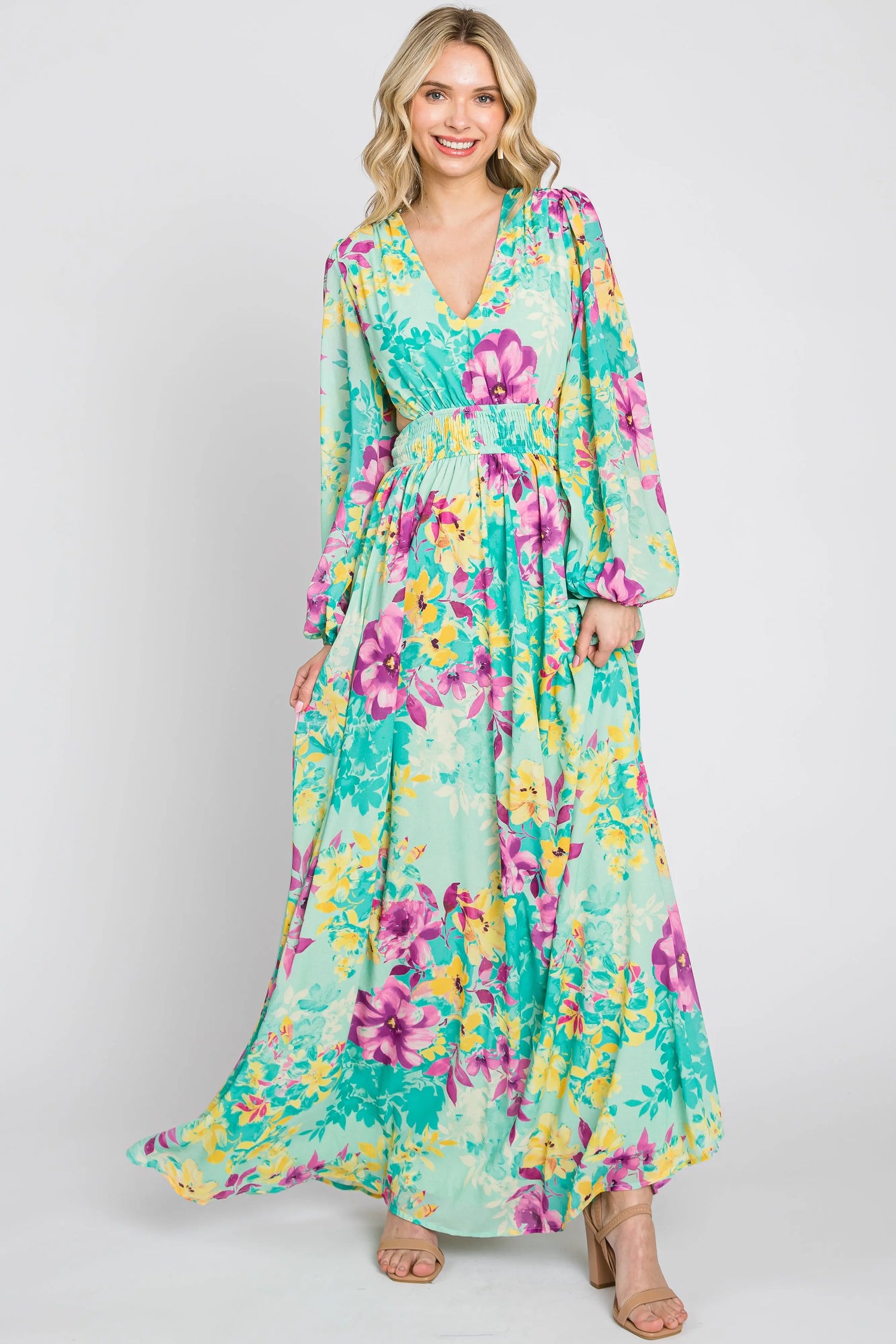 PinkBlush Turquoise Floral Maxi Dress with Puff Sleeves for Elegant Women - Apparel & Accessories > Clothing > Dresses