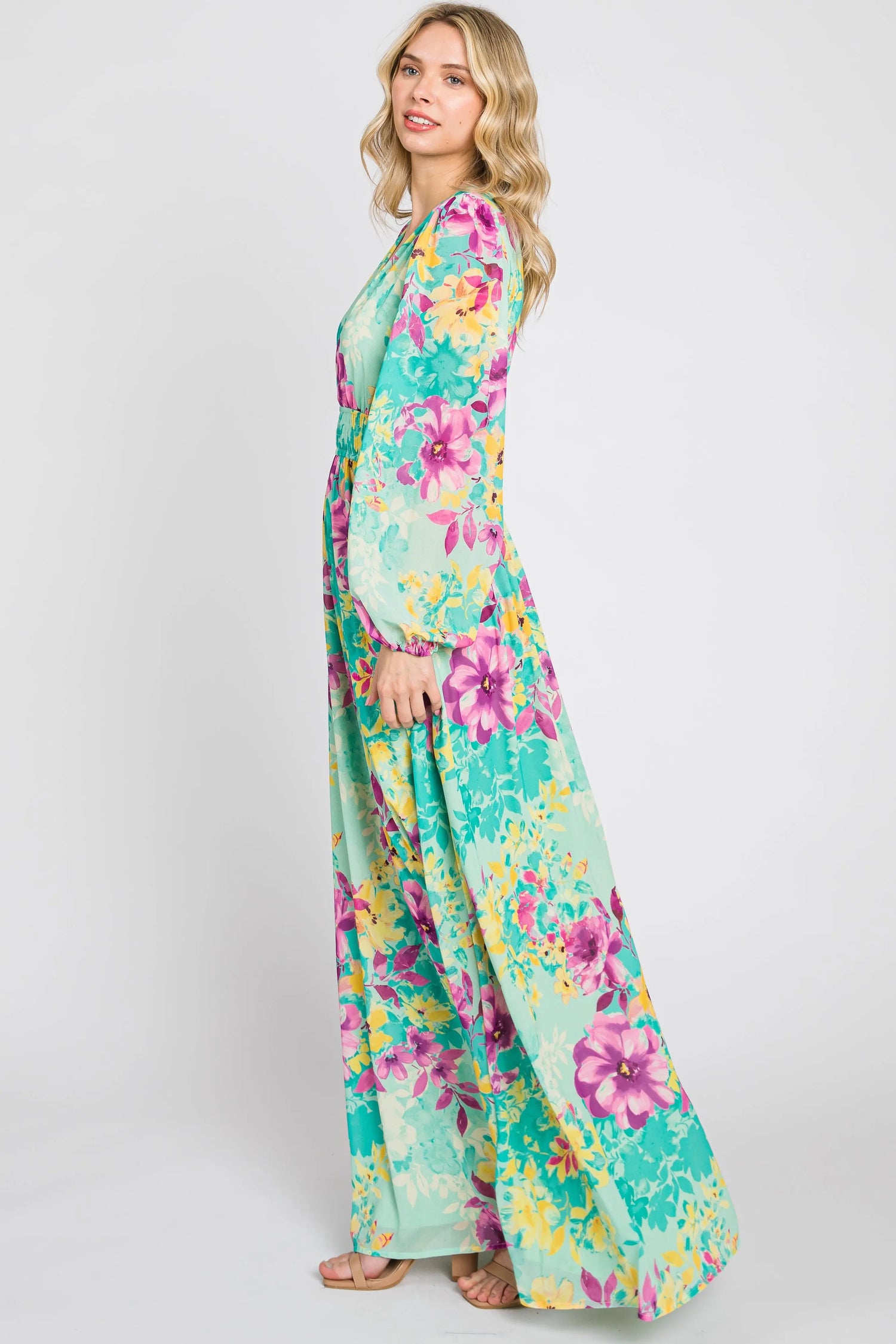 PinkBlush Turquoise Floral Maxi Dress with Puff Sleeves for Elegant Women - Apparel & Accessories > Clothing > Dresses