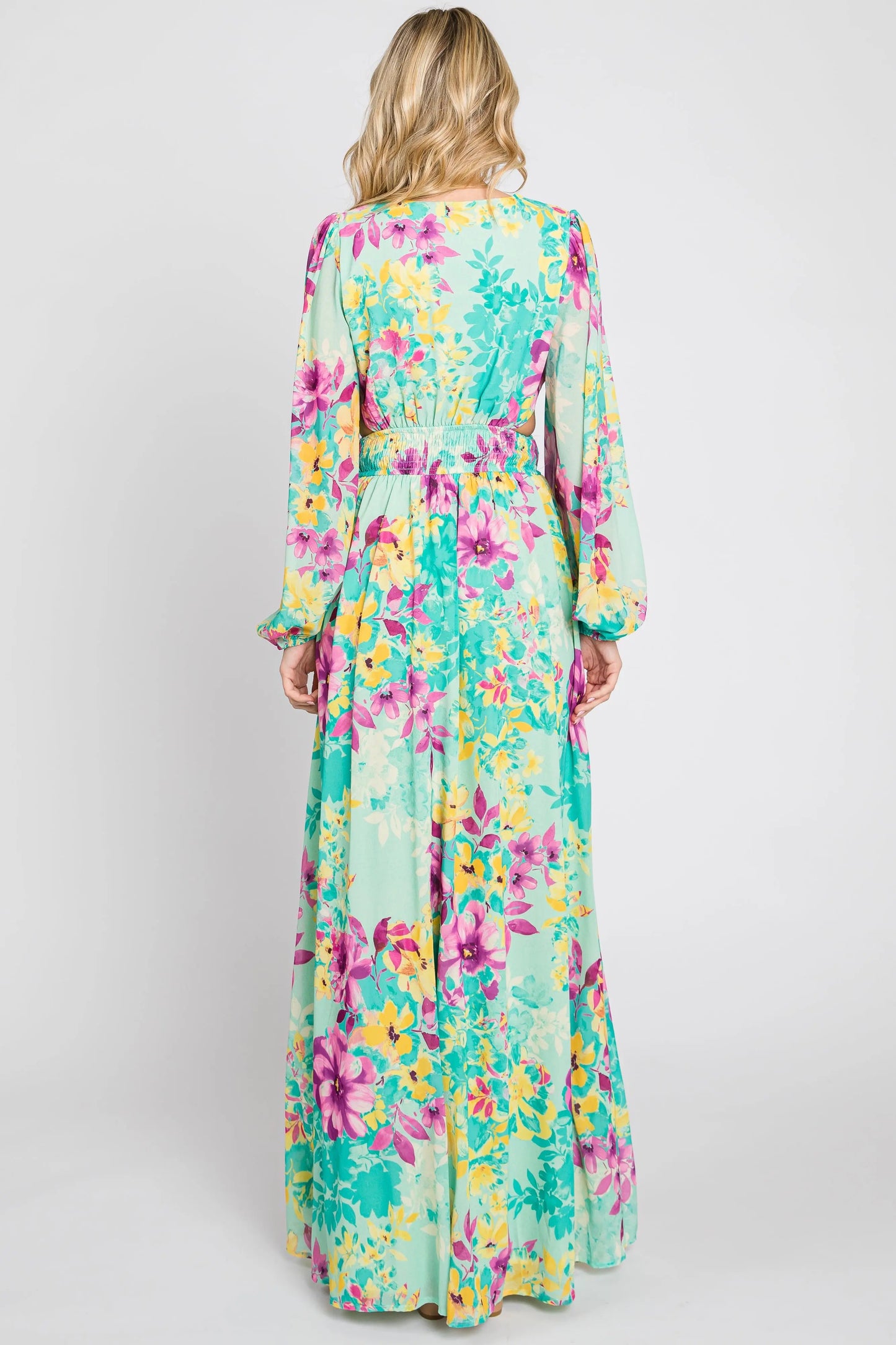 PinkBlush Turquoise Floral Maxi Dress with Puff Sleeves for Elegant Women - Apparel & Accessories > Clothing > Dresses