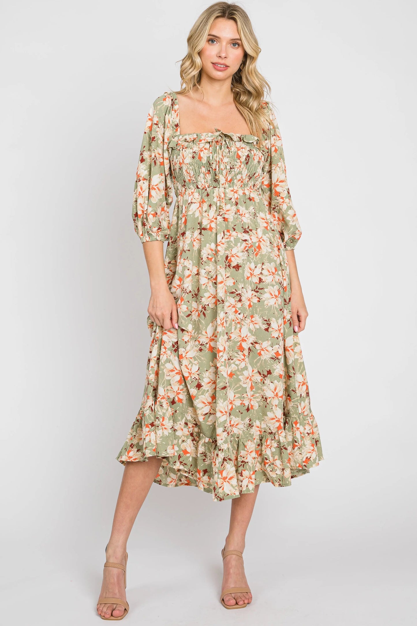 Light Olive Floral Square Neck Maternity Midi Dress PinkBlush