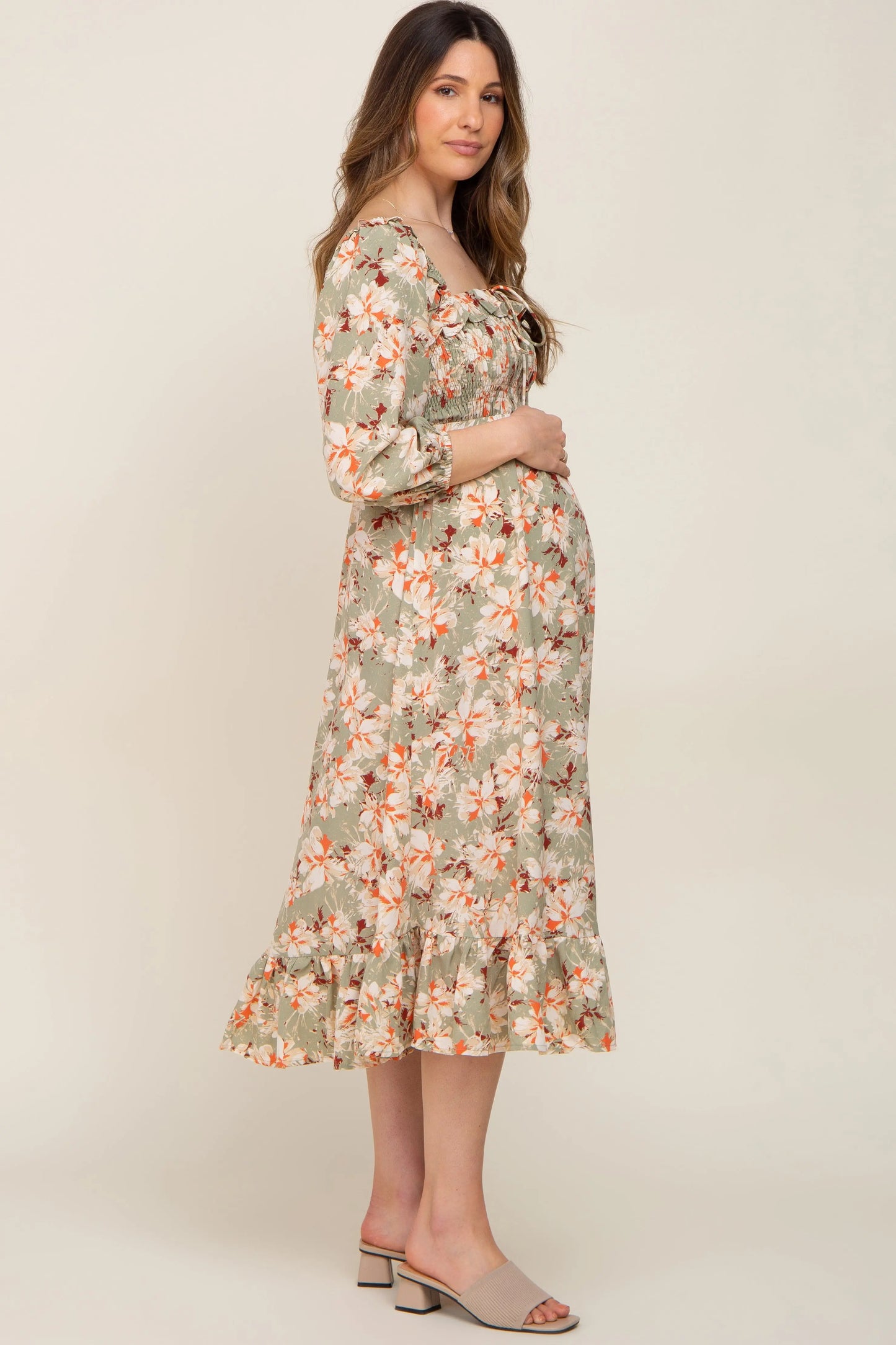Light Olive Floral Square Neck Maternity Midi Dress PinkBlush