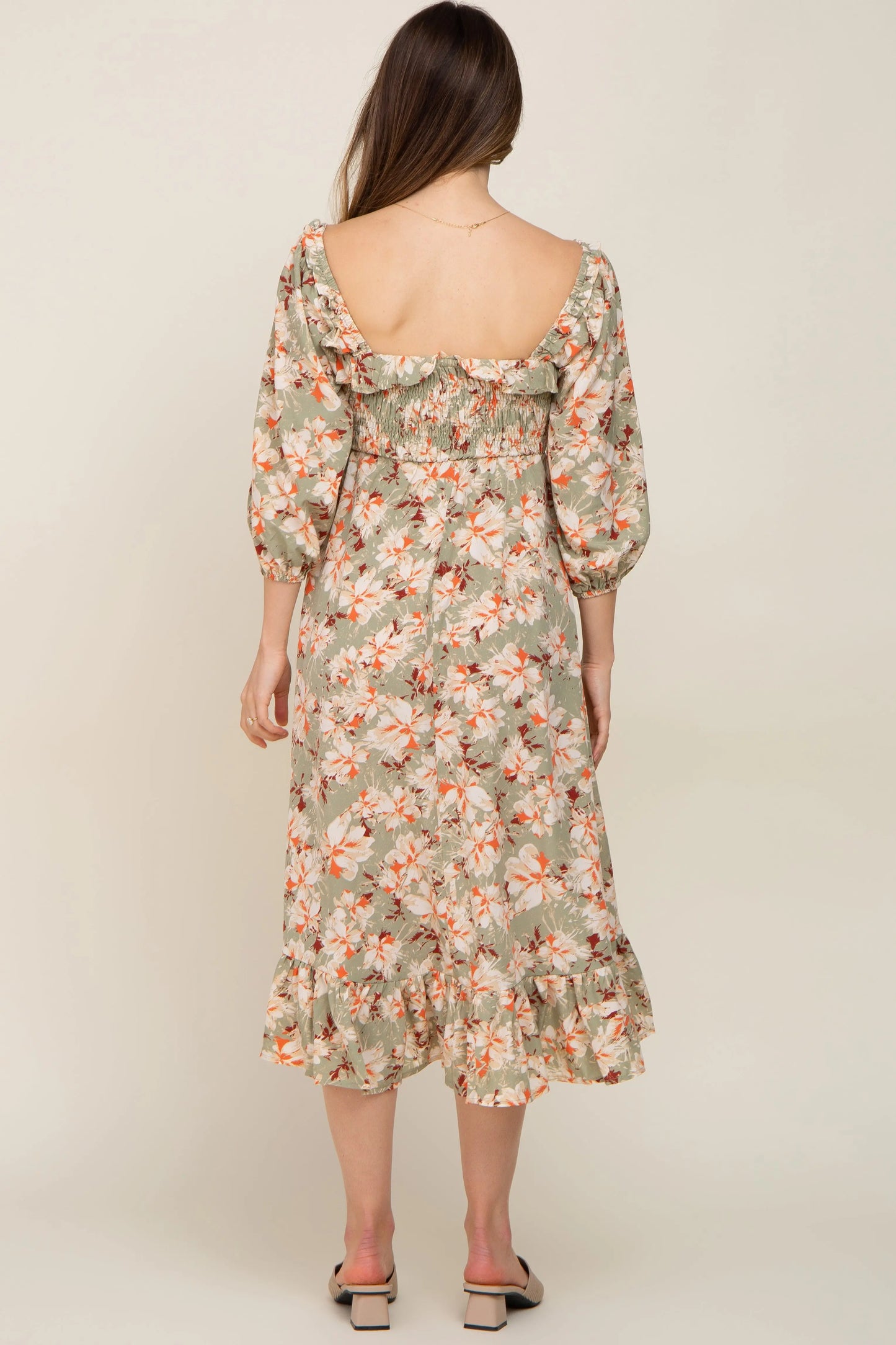 Light Olive Floral Square Neck Maternity Midi Dress PinkBlush