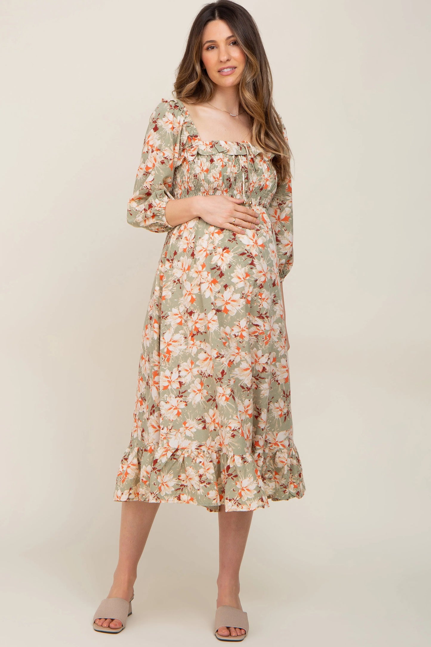 Light Olive Floral Square Neck Maternity Midi Dress PinkBlush