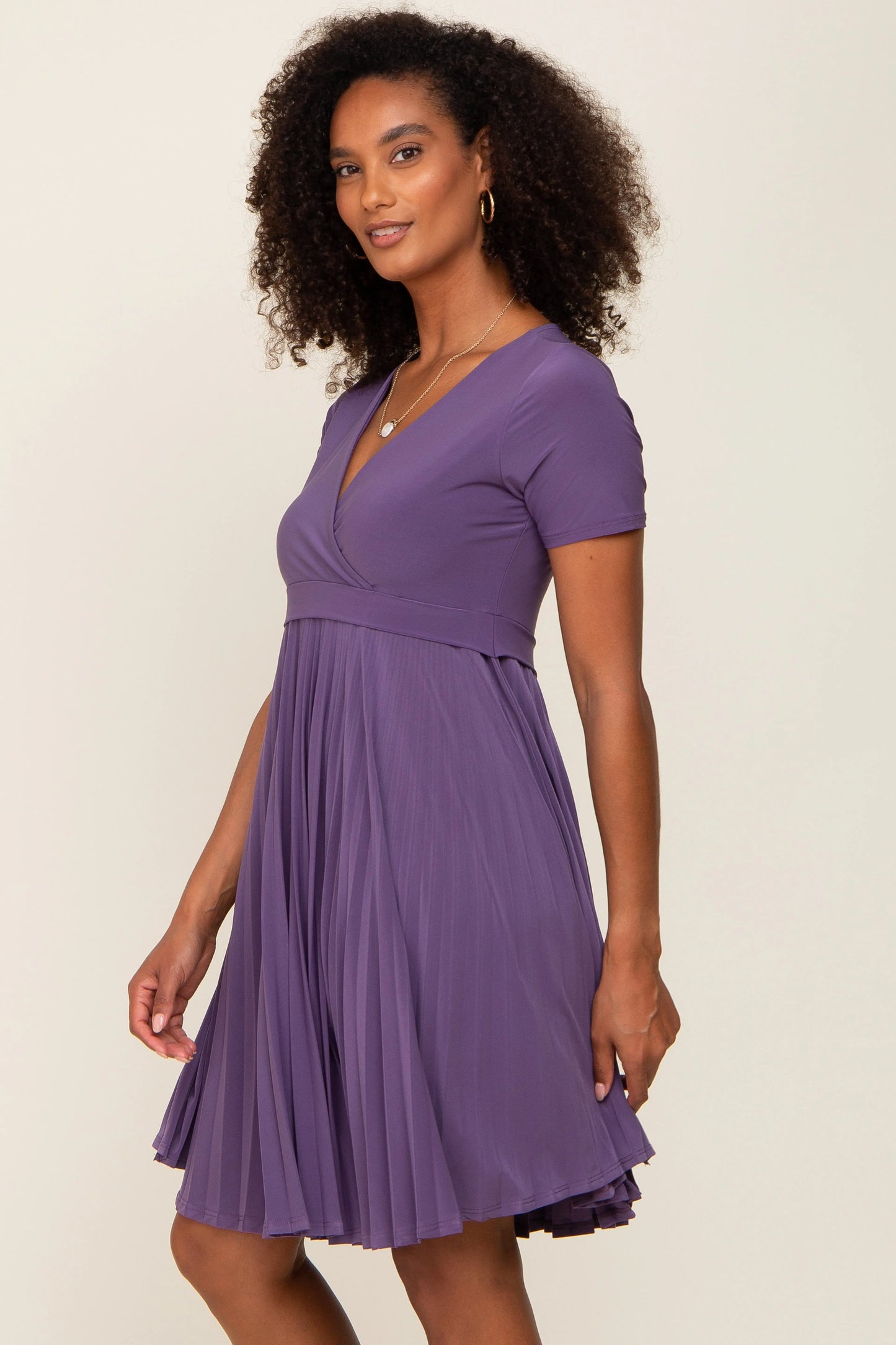 Plum Pleated V Neckline Nursing Dress with Short Sleeves PinkBlush